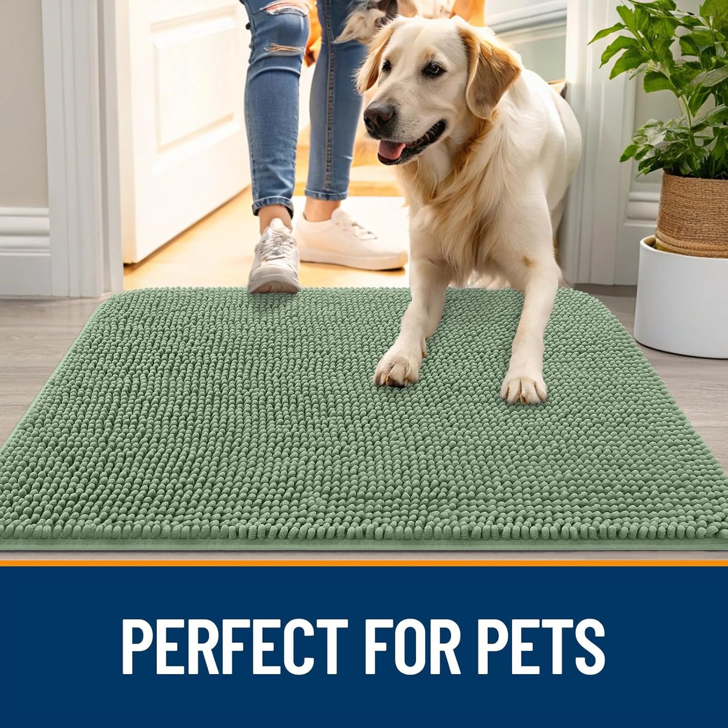 OLANLY Dog Door Mat for Muddy Paws 47x24, Absorbs Moisture and Dirt, Absorbent Non-Slip Washable Doormat, Quick Dry Chenille Mud Mat, Entry Indoor Entryway Carpet for Inside Floor, Olive Green