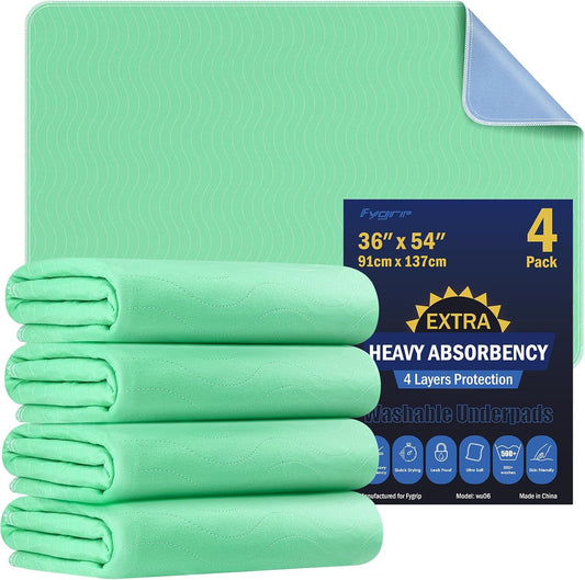 4 Pack 36” x 54” Extra Heavy Absorbency Washable Underpads, Waterproof Nursing Pads Incontinence Bed Pads, Reusable Washable Pee Pads for Dogs, Diaper Changing & Adults, Mattress Protector