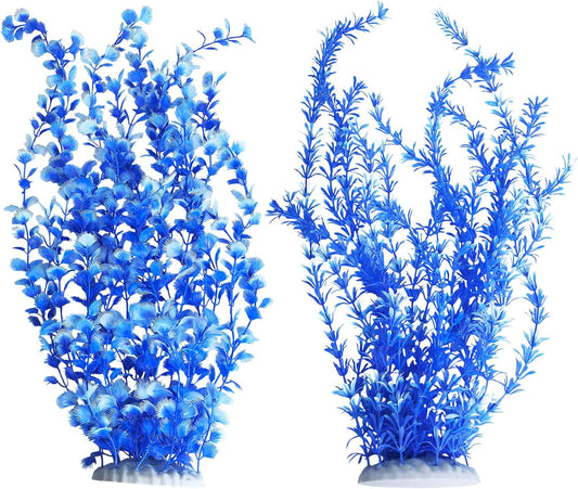 Hamiledyi Aquarium Plastic Plants Aquarium Decor Artificial Fish Tank Plants,Tall Fish Tank Decorations, Extra Large Aquarium Plant 23.6-inch Tall,2PCS(Blue)