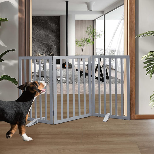 ZJSF Freestanding Indoor Dog Gate for House Foldable Wood Puppy Gate for Doorways Pet Gate for Stairs Extra Wide Pet Fence, Grey, 32" Height 3 Panels