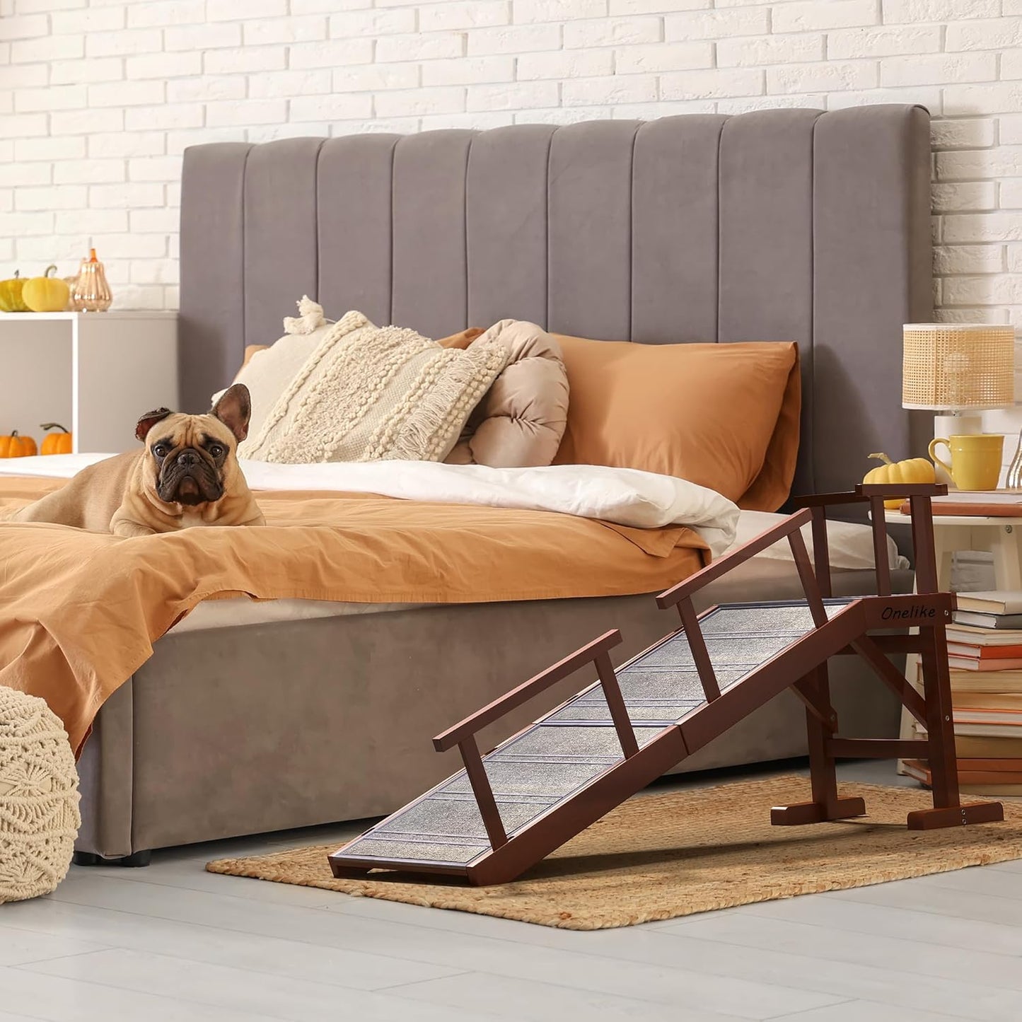 Onelike Wooden Dog Ramp for Bed with Removable Side Rail and Non-Slip Carpet, Stable Pet Ramp Stair for Couch Sofa for Small & Large & Senior Dogs, 60" Long Ramp Brown