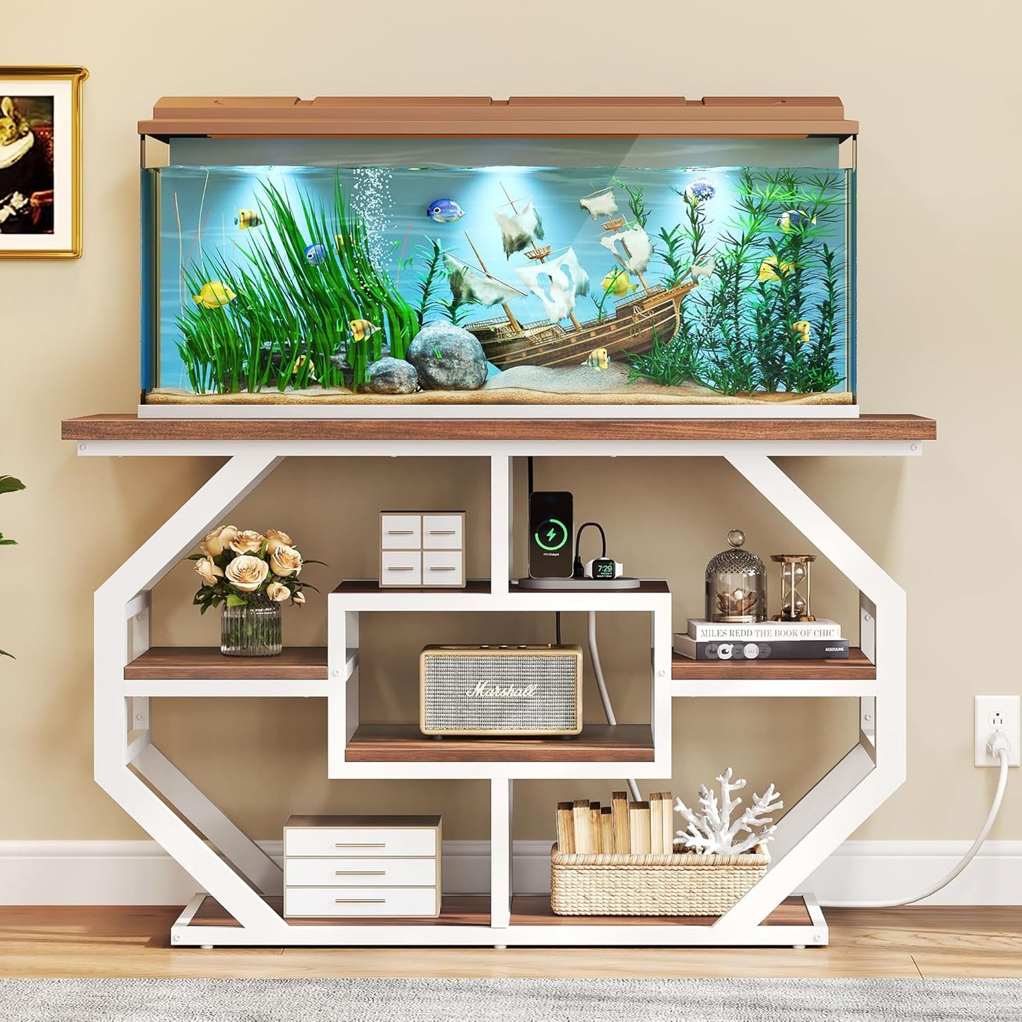 YITAHOME Heavy Duty 55-75 Gallon Fish Tank Stand with Power Outlet, Marble Aquarium Stand for Fish, Turtle, Reptile Terrarium, Shelves for Fish Tank Accessories Storage, 860LBS Capacity, White & Walnut