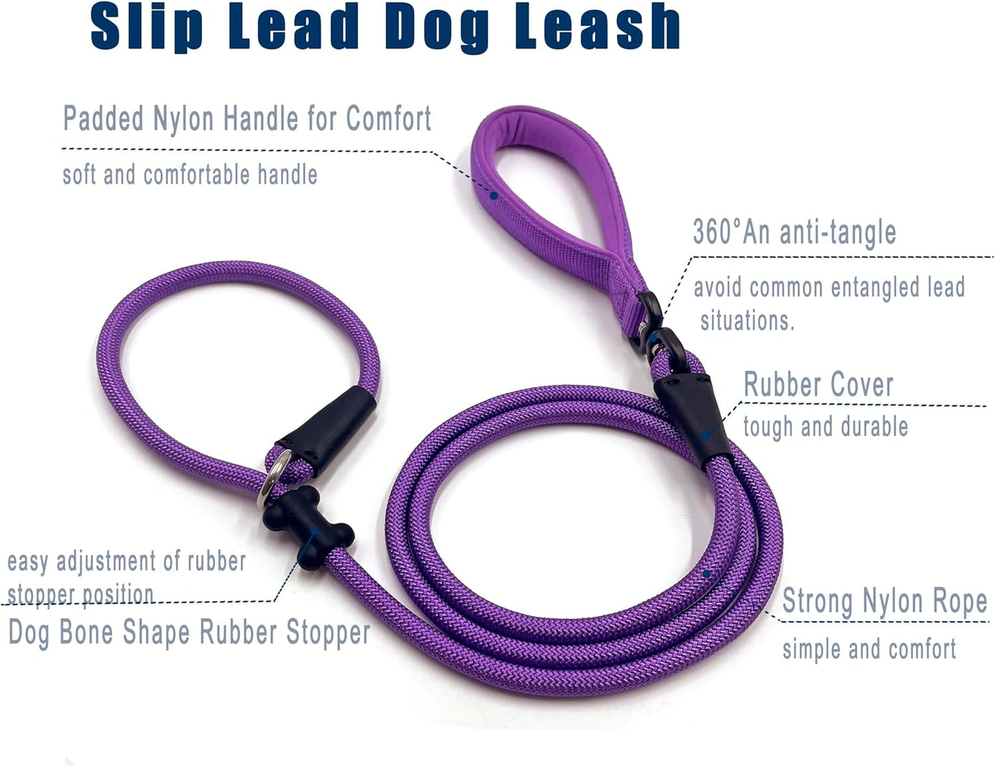 Slip Lead Dog Leash,Strong Nylon Rope Leash and Padded Handle,No Pull Outdoor Walking Training Lead for Small Medium Large Dogs (Purple, 1/2"×6ft)