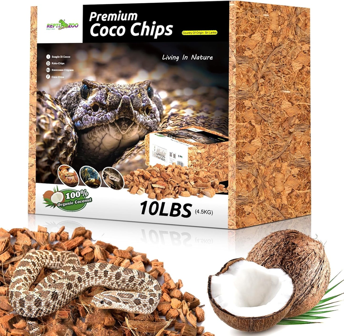 REPTI ZOO 72 Quart Reptiles Coconut Chip Substrate, Coco Husk Reptiles Bedding for Ball Python, Snakes, Geckos, Lizards, Tortoises, Frogs | Terrarium Tanks Substrate