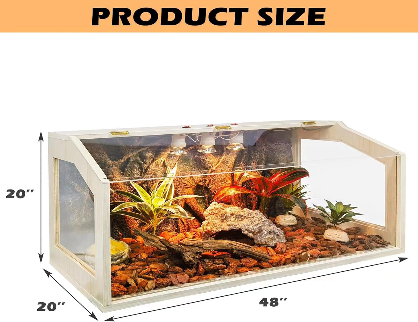 Prolee 68 Gallon Reptile Terrarium Tank Large 48 Inch Lizard Tank Bearded Dragon Tank with Roof Door, Snake Tank with Built-in Lamp Fixture and Switch, Side Windows, 48 Inch