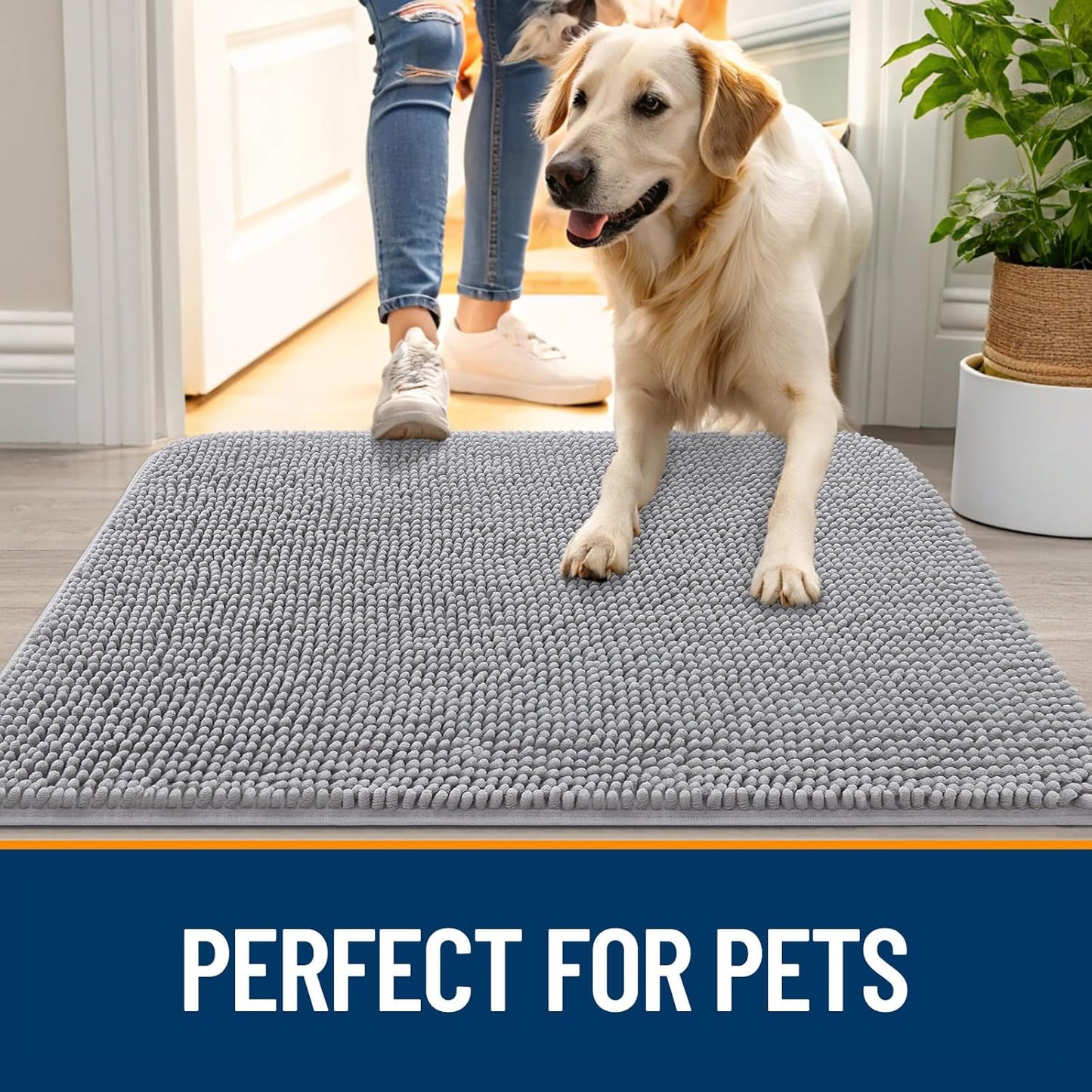 OLANLY Dog Door Mat for Muddy Paws 59x24, Absorbs Moisture and Dirt, Absorbent Non-Slip Washable Doormat, Quick Dry Chenille Mud Mat for Dogs, Entry Indoor Entryway Carpet for Inside Floor, Light Grey
