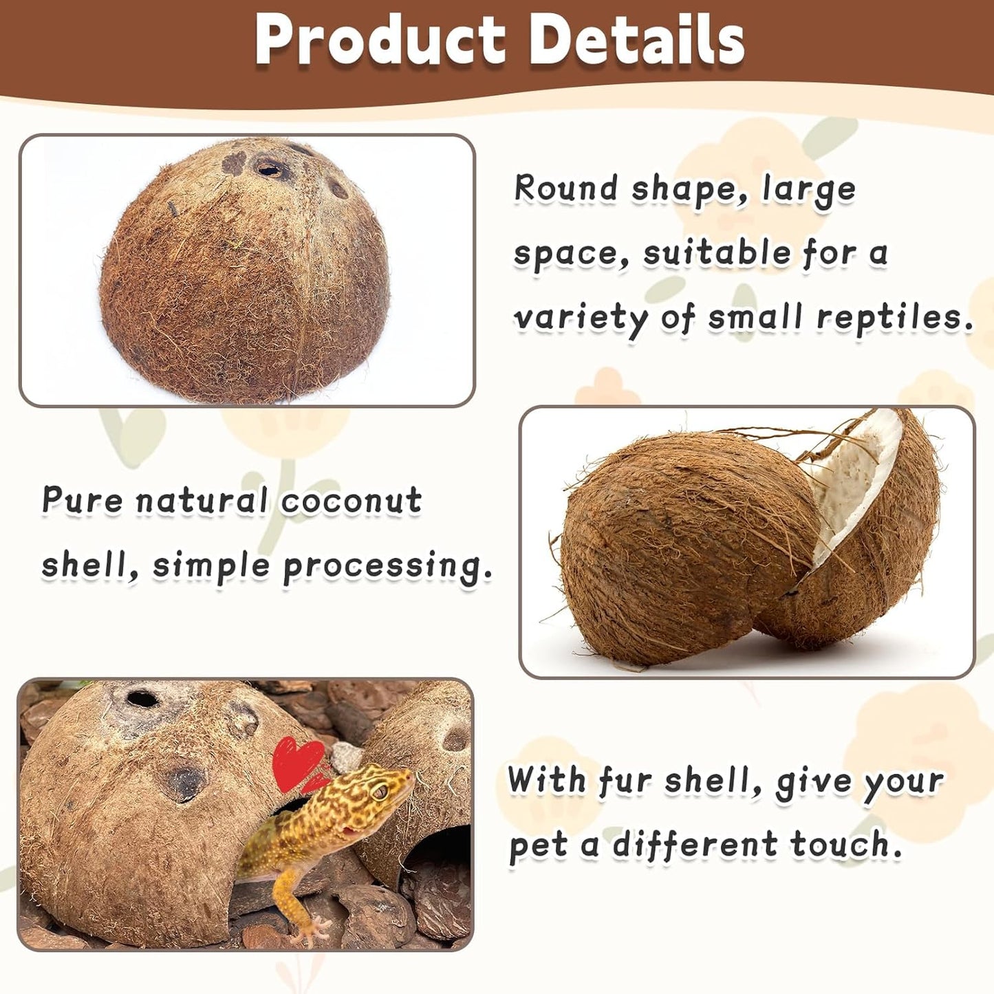 PINVNBY Natural Coconut Reptile Hideouts Lizard, Coco Hut Hermit Crab Hut Aquarium Fish Hide Cave for Small Reptile Crested Gecko Leopard Gecko Spider Snail Climber Toys (2 PCS Natural Surface)