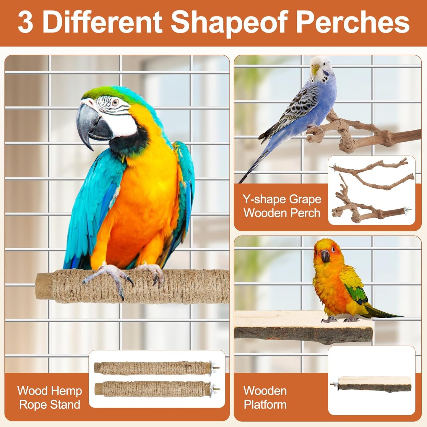 Bird Perch Stand, Pole Standing Natural Wood Bird Perch Set 5PCS Paw Grinding Fork Parrot Cage Branch with Rope for Macaw African Grey Amazon Pet Medium Birds Cage Accessories