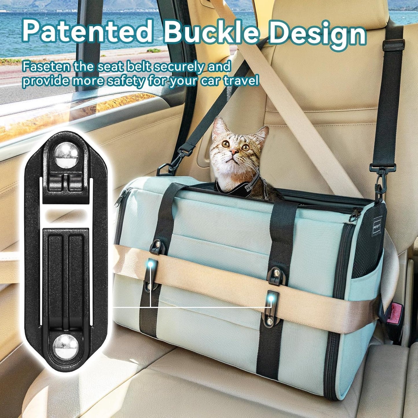 PETSFIT Soft-Sided Cat Carriers & Car Seats with Patent Safe Buckles, Clip-On Harness,18"x11"x11" Airline Approved Pet Carrier - 9 lbs Capacity (Cyan Blue)