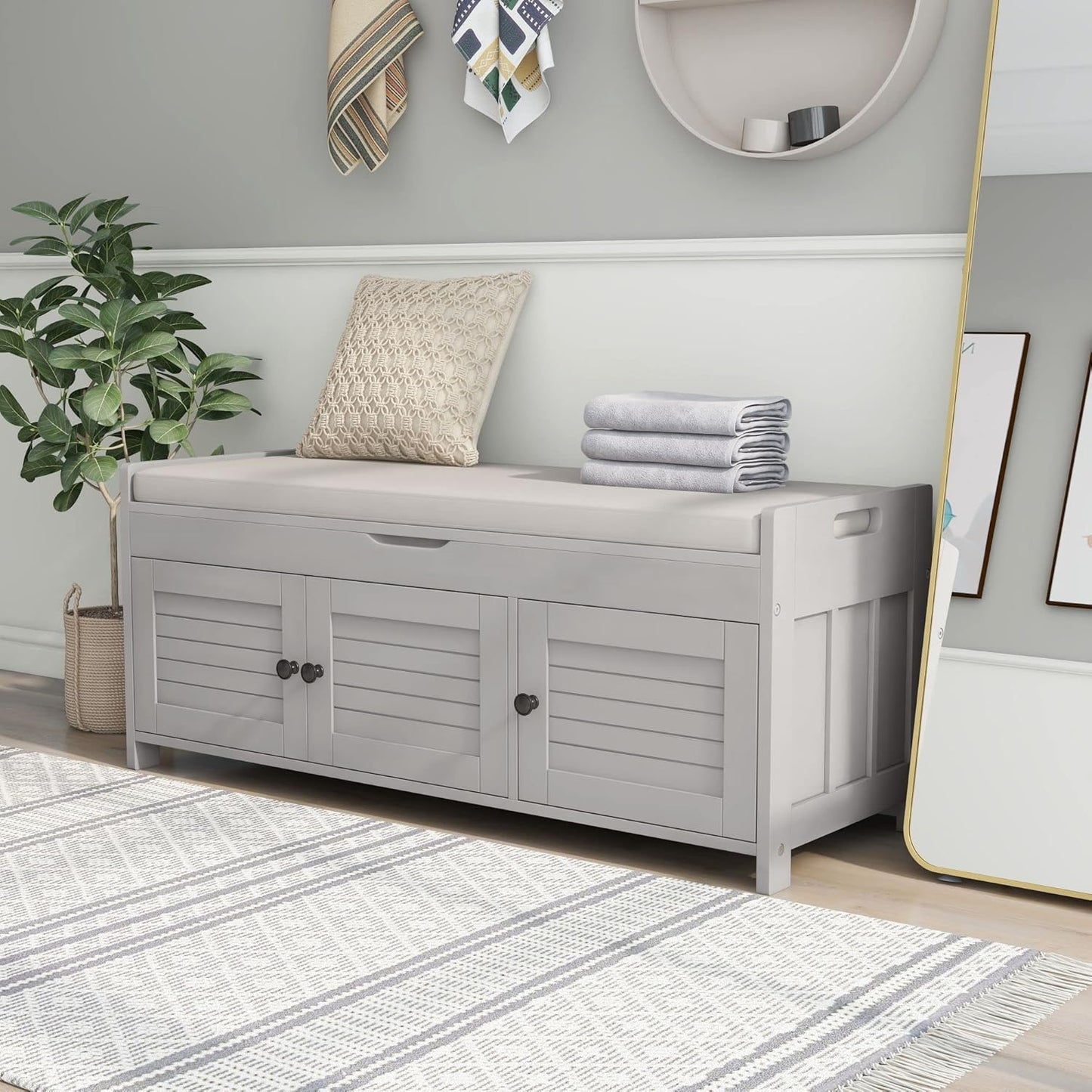 Storage Bench with 3 Shutter-Shaped Doors, Wood Shoe Bench with Removable Cushion and Hidden Storage Space for Entryway, Living Room, Hallway 43.5" L*16" W*18" H (Gray Wash Pine)
