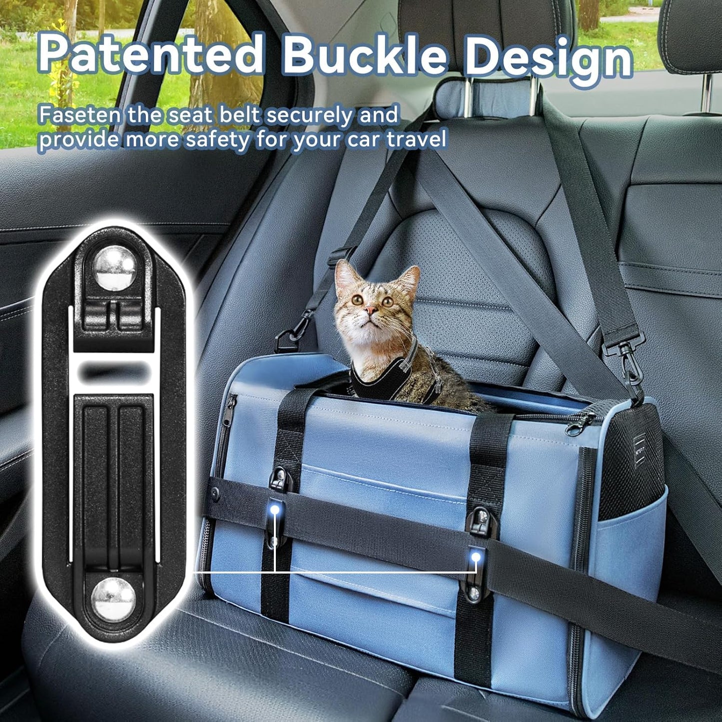 PETSFIT Soft-Sided Cat Carriers & Car Seats with Patent Safe Buckles, Clip-On Harness,18"x11"x11" Airline Approved Pet Carrier - 9 lbs Capacity (Blue)