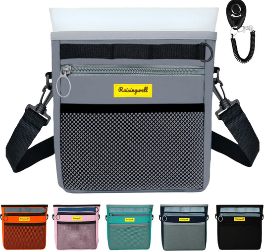 Dog Treat Pouch with Magnetic Closure 4-Cup Silicone Bag Fanny Pack Holder with Clicker 4 Ways to Wear Front Pocket Fits All Phones Ideal for Leash, Pet Walking and Training(Gray)