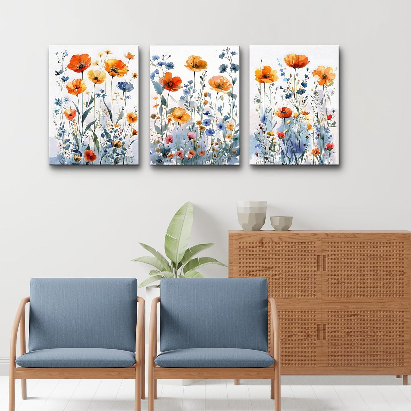 TTHYUEWS Boho Wall Art for Living Room Canvas Wall Decor for Bedroom Modern Wall Decorations For Dining Room Family Wall Pictures Artwork Flowers Watercolour Paintings Posters Home Decor 3 Piece