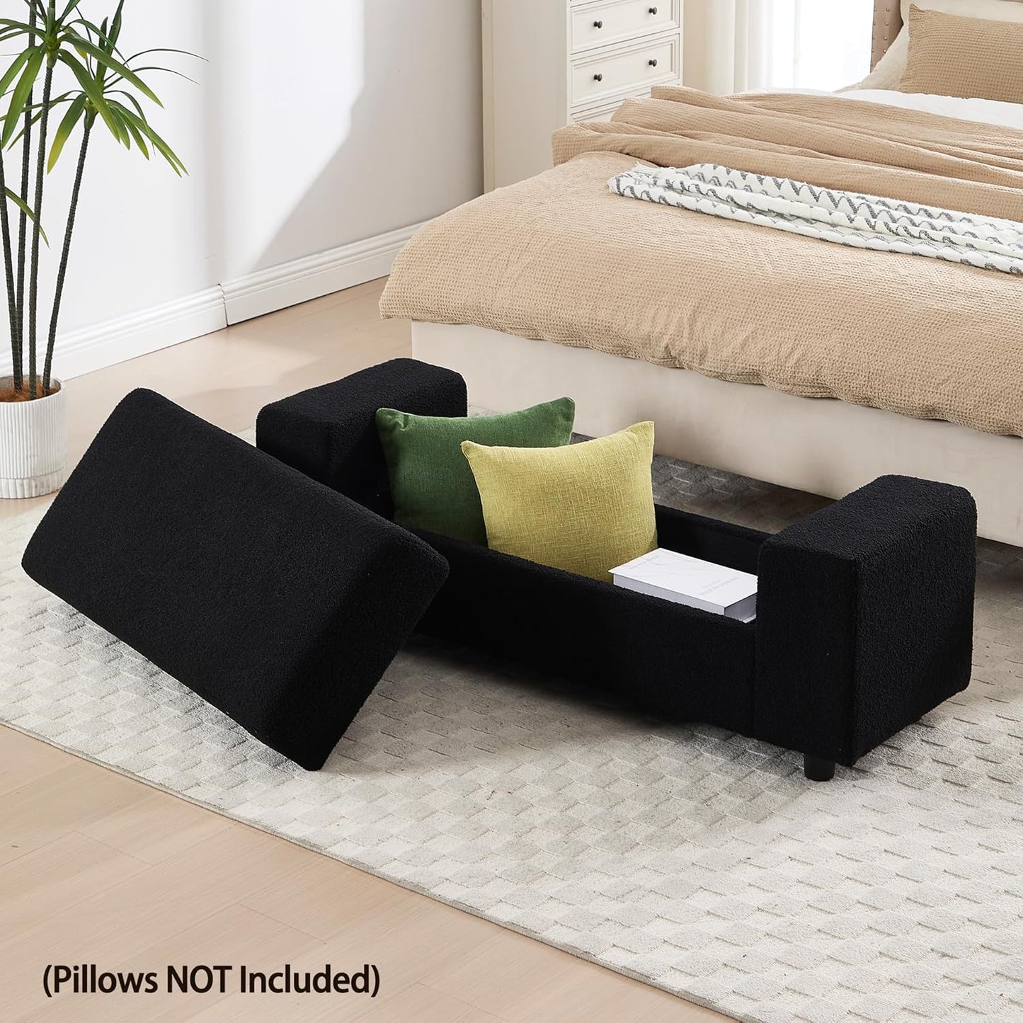 Teddy Storage Ottoman Bench for Bedroom, Comfy Boucle End of Bed Bench with Large Hidden Storgae Space, 55 inches Window Bench for Living Room/Reception Room/Mudroom, Black