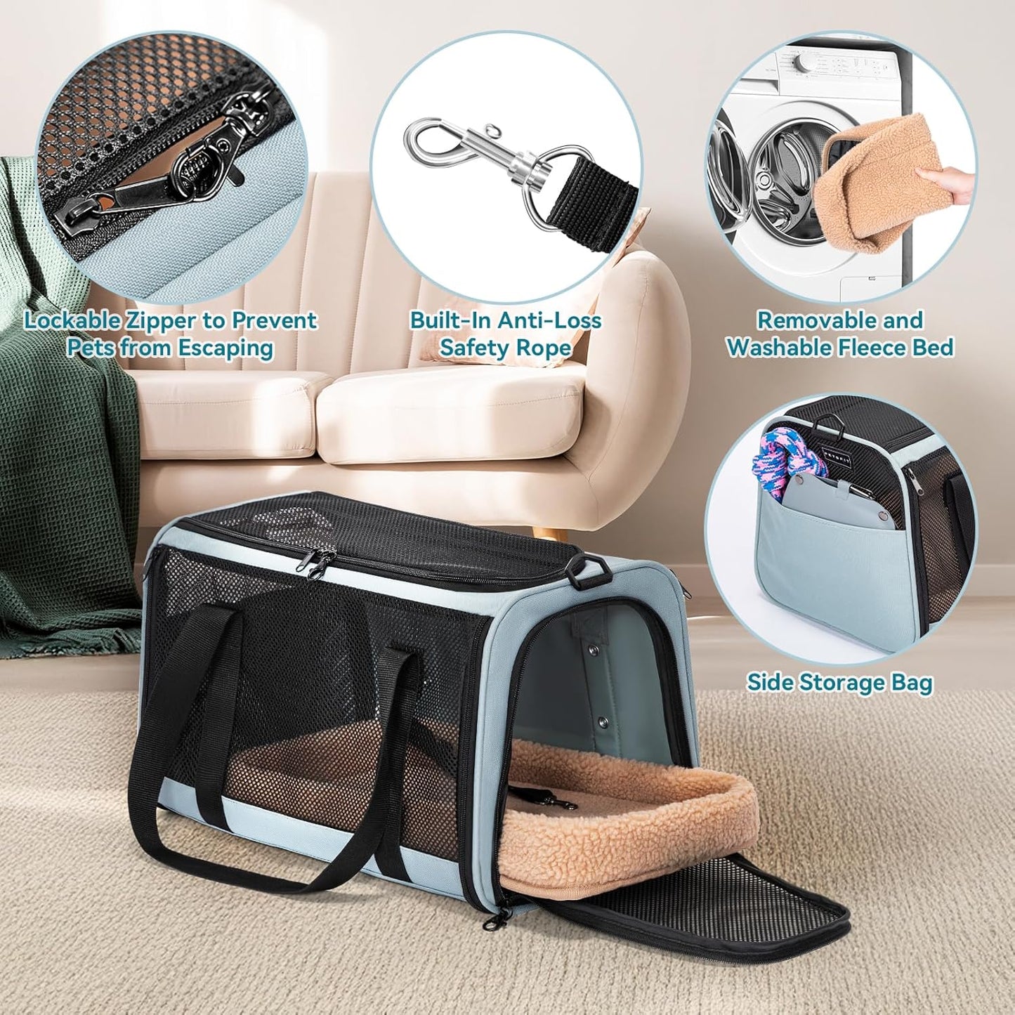 PETSFIT Soft-Sided Cat Carriers & Car Seats with Patent Safe Buckles, Clip-On Harness,18"x11"x11" Airline Approved Pet Carrier - 9 lbs Capacity (Cyan Blue)