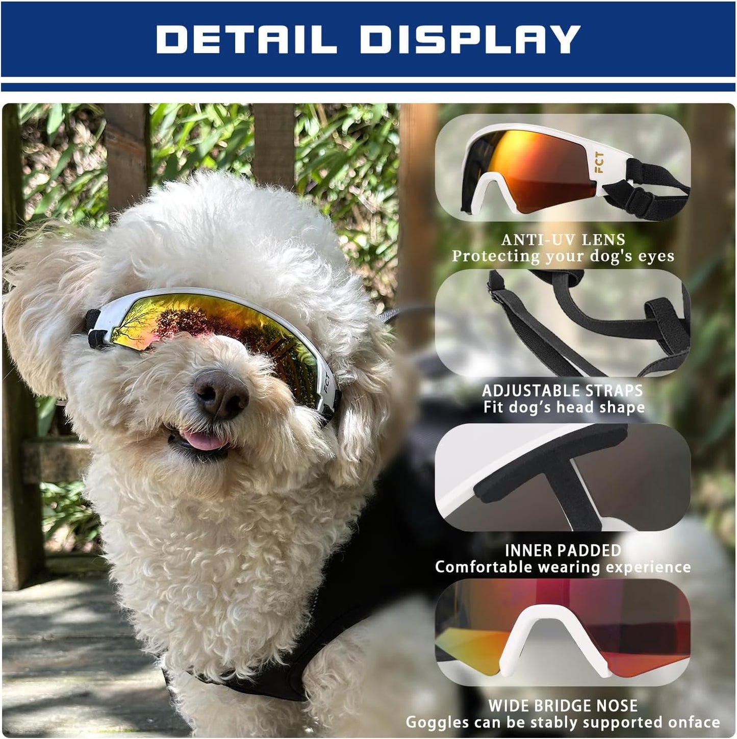 Dog Goggles for Small to Medium Breed, Dog Sunglasses UV Protection, Windproof & Anti-Fog, Puppy Sunglasses with Padded Frame and Adjustable Straps for Outdoor Riding, Driving(White)
