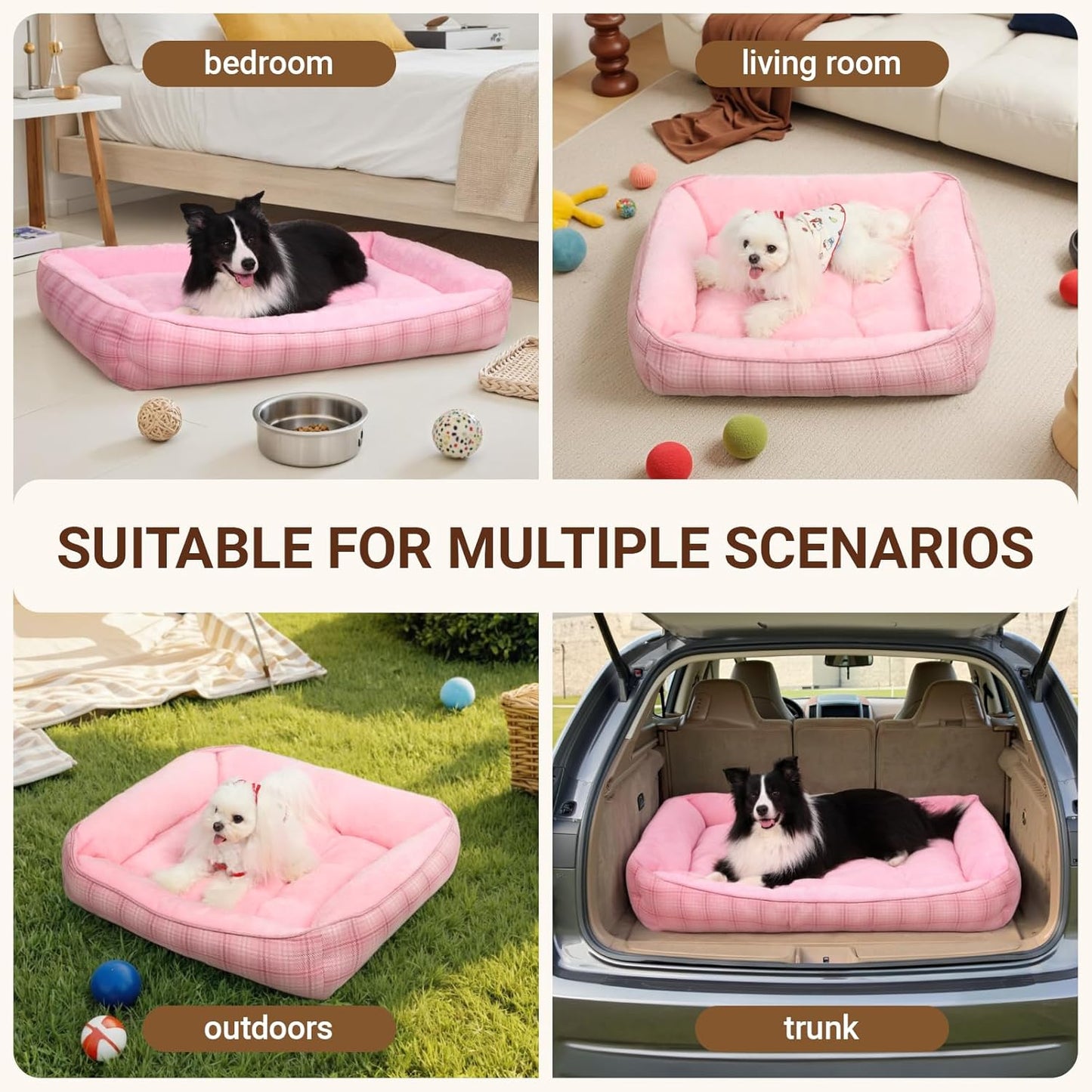 MIHIKK Rectangle Dog Beds for Large Dogs & Cats, Orthopedic Sleeping Pet Bed for Couch with Durable Puppy Cuddler and Anti-Slip Bottom Machine Washable 34 * 24 Inch (Pink)