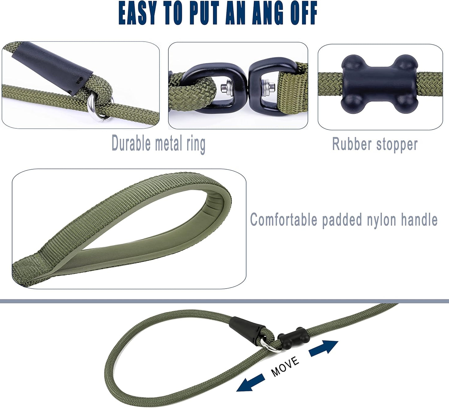 Slip Lead Dog Leash,Strong Nylon Rope Leash and Padded Handle,No Pull Outdoor Walking Training Lead for Small Medium Large Dogs(Army Green,1/2"×4ft)