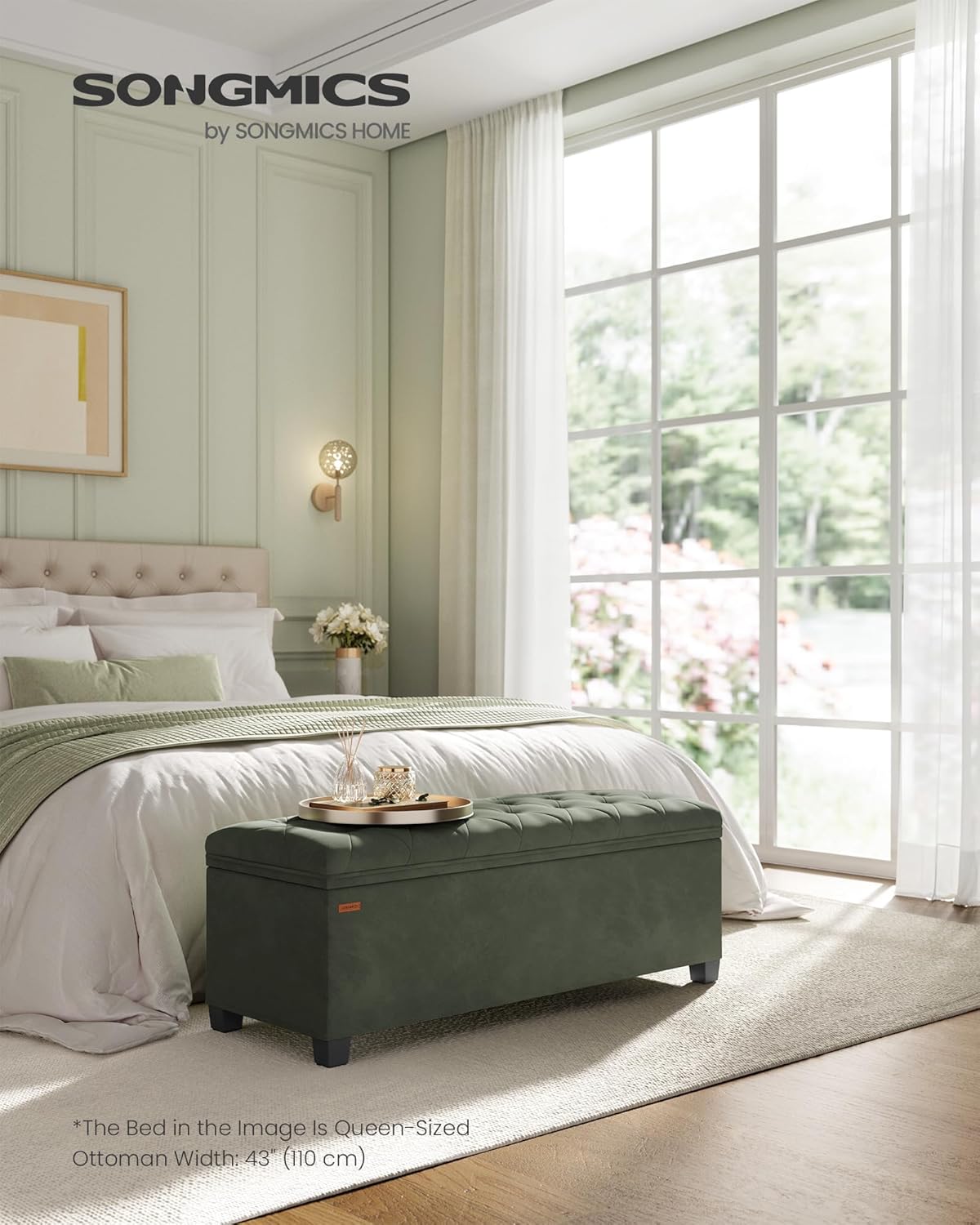 SONGMICS Velvet Storage Ottoman Bench, Foot Rest with Legs, 15.7 x 43 x 15.7 Inches, End of Bed Bench, Storage Chest, Load up to 660 lb, for Living Room, Bedroom, Entryway, Forest Green ULSF089C01