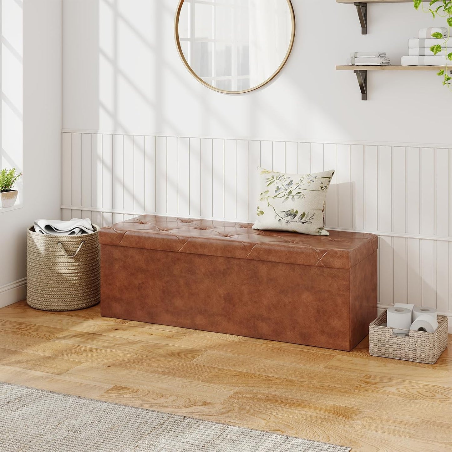 Sweetcrispy 43 Inches Folding Ottoman with Storage Bench, Foot Rest Stool, End of Bed Storage Bench Upholstered, Load 660 lbs, for Living Room, Synthetic Leather, Brown