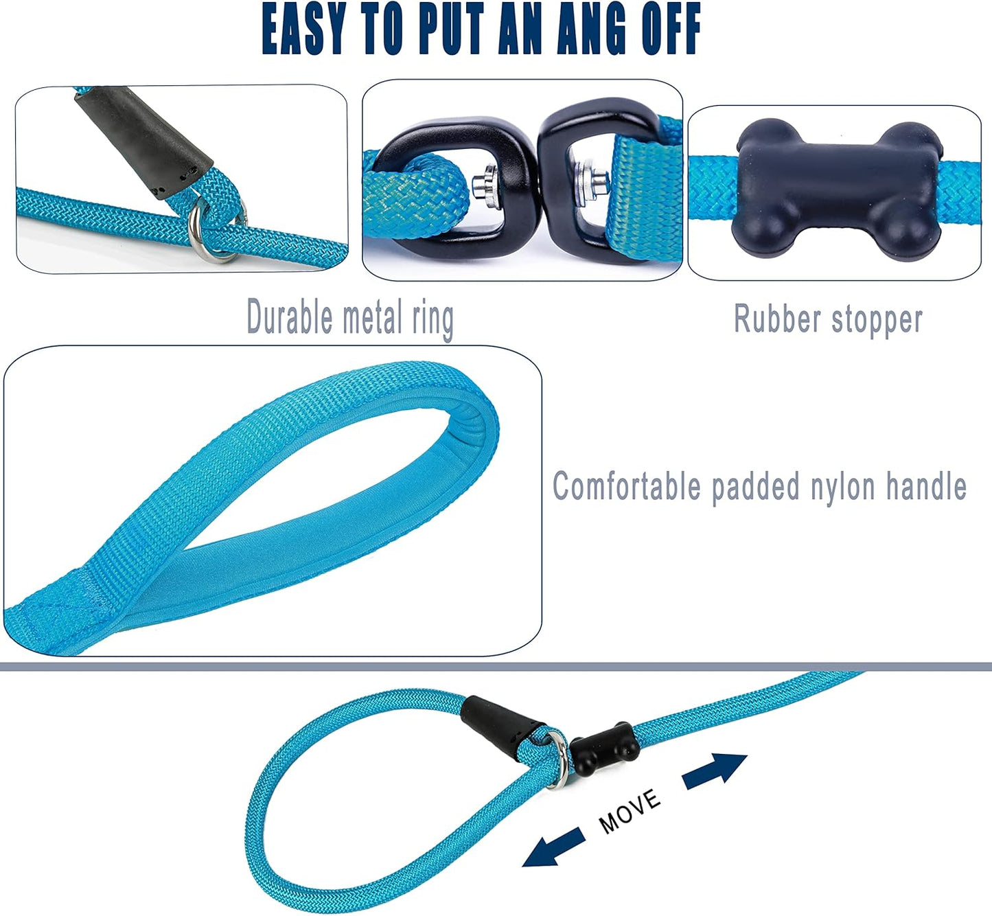 Slip Lead Dog Leash,Strong Nylon Rope Leash and Padded Handle,No Pull Outdoor Walking Training Lead for Small Medium Large Dogs(Blue,1/2"×4ft)
