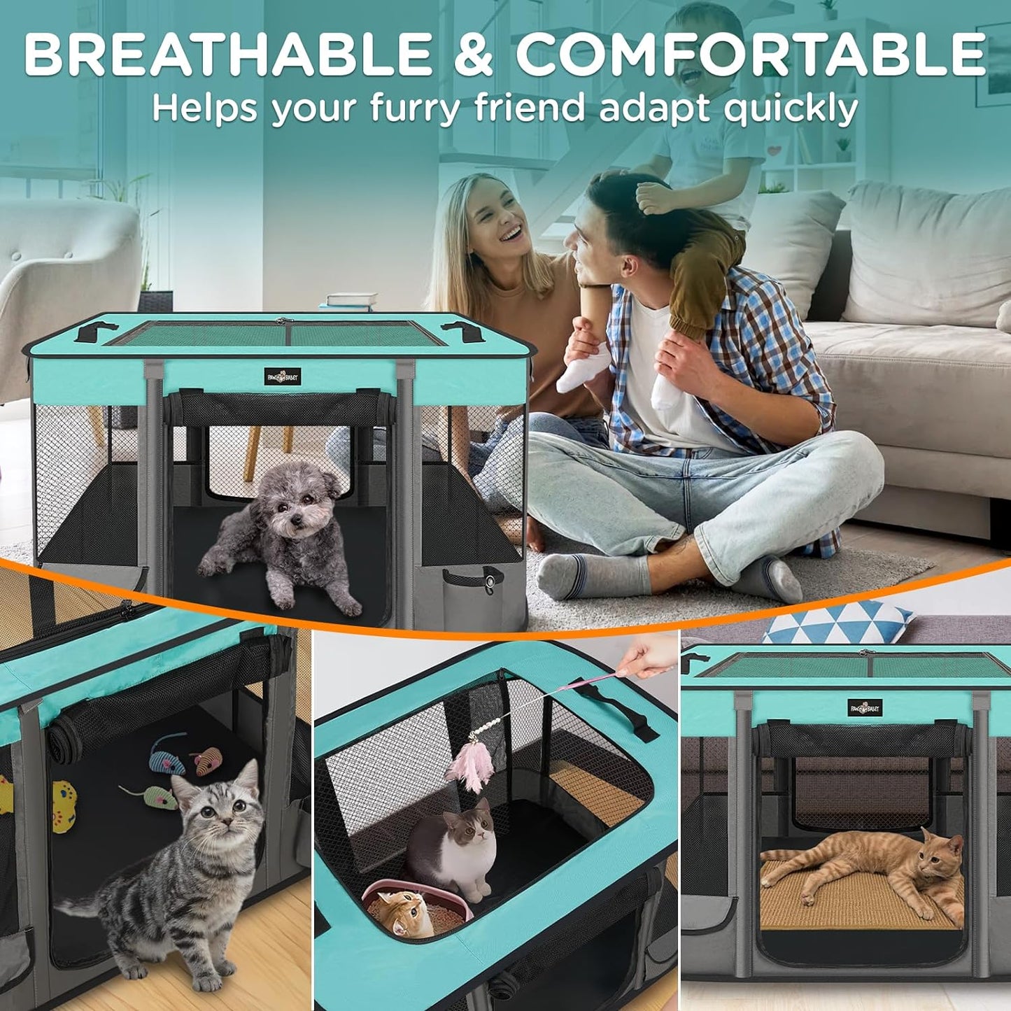 Foldable Pet Kitten Playpen, Waterproof Portable Pet Cat Dog Playpen Kennel Tent for Small Dog Cat, Removable Shade Cover, Come with Free Carrying Case, Indoor Outdoor Use for Small Animals, BlackTeal