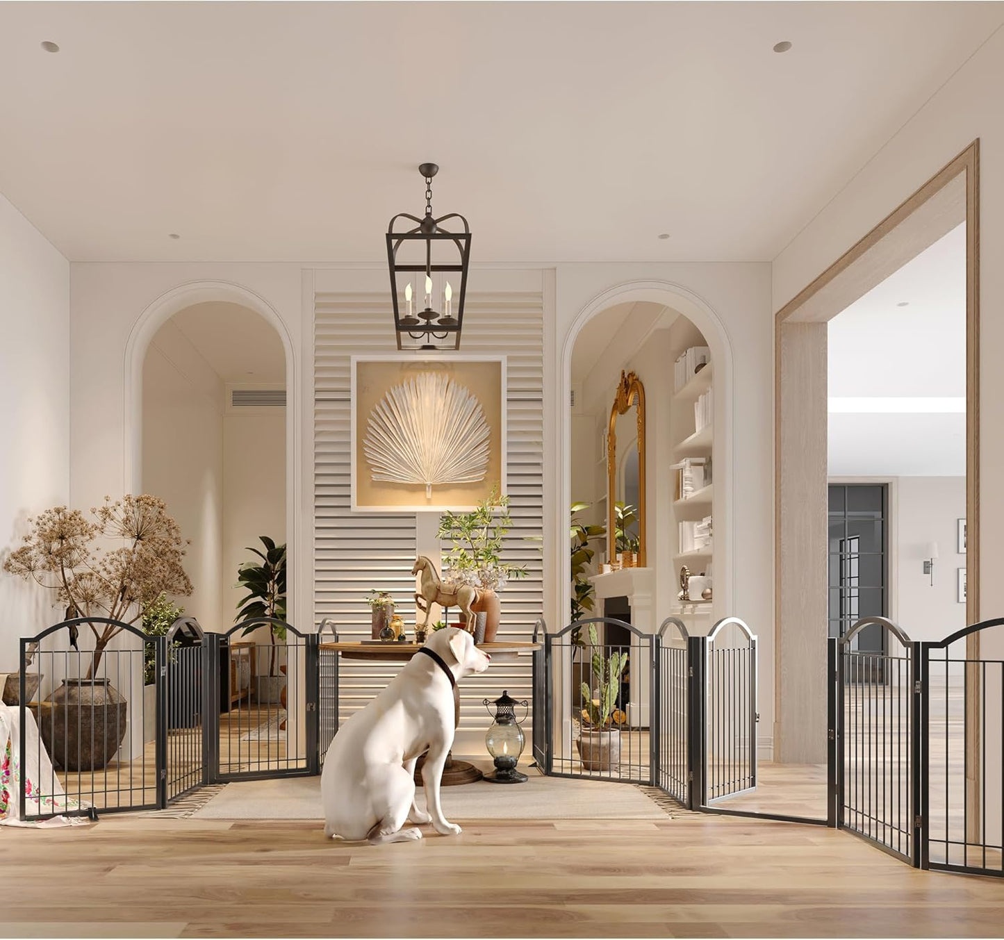 BHG Metal No-Assembly Freestanding Dog Gate with Door Walk Through, Extra Wide 96", Extra Tall 32" Pet Gate, Accordion Puppy Folding Playpen Dog Fence, with 2PCS Support (Black, 4 Panels)