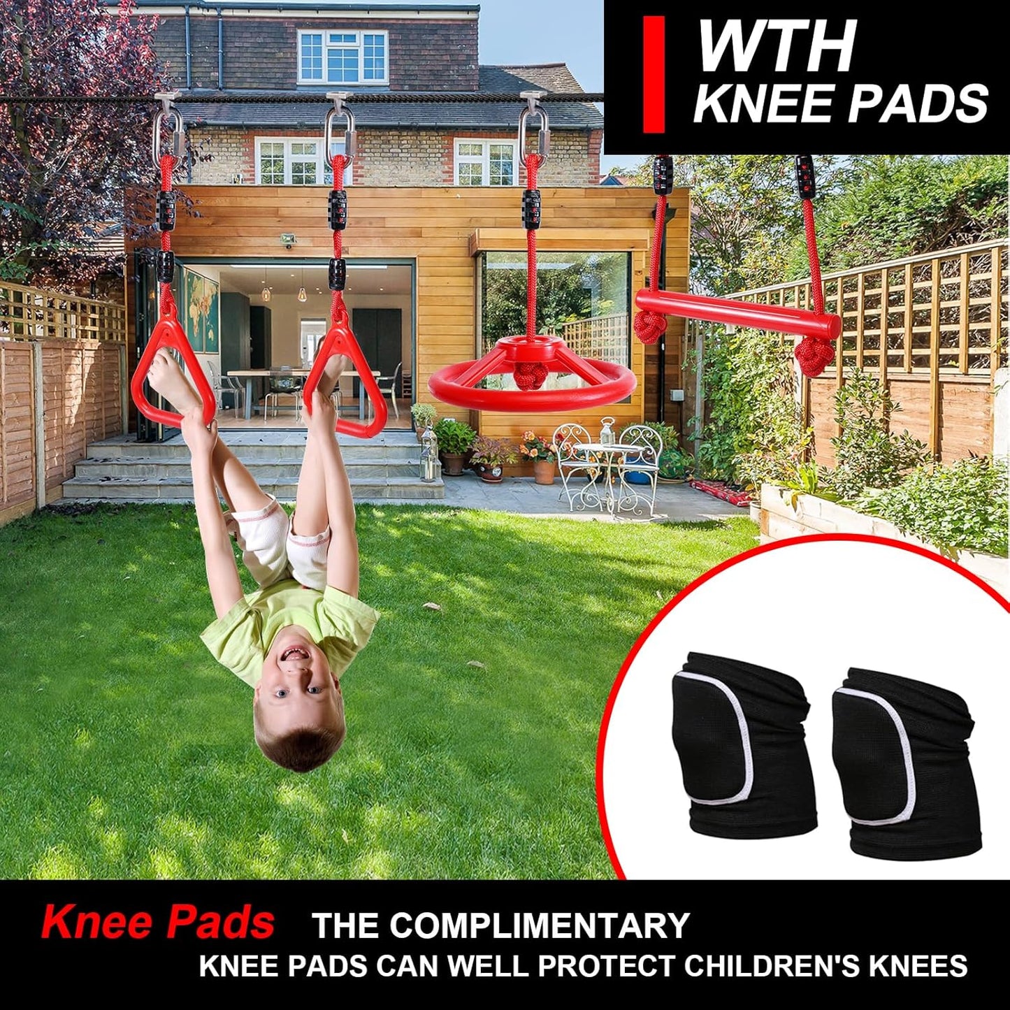 Ninja Warrior Obstacle Course for Kids Backyard with A Pair of Knee Pads, 60’ Ninja Slackline and Slackline Protective Tube with Unique Obstacles Climbing Net, Ninja Wheel, Monkey Bars, Gym Rings