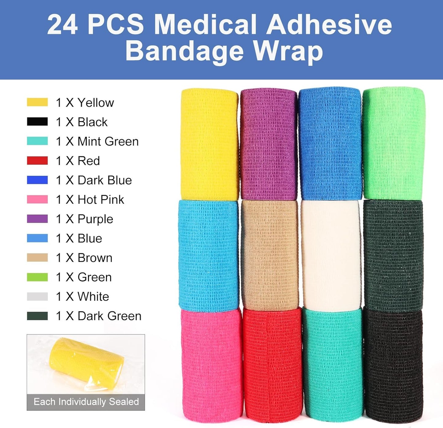LDIWEE 24 Pack Self Adhesive Bandage Wrap 4 inch, Elastic Cohesive Bandage Wrap Vet Wrap for Dogs, Grip Tape for Athletic, Sports, First Aid Medical, Wrist, Ankle Sprains, Swelling