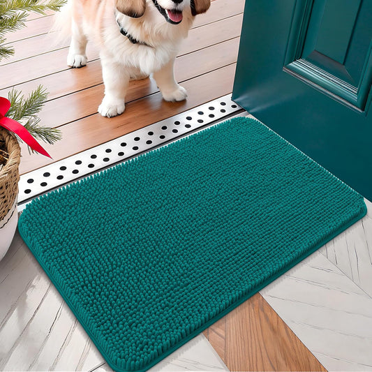 OLANLY Dog Door Mat for Muddy Paws 24x16, Absorbs Moisture and Dirt, Absorbent Non-Slip Washable Doormat, Quick Dry Chenille Mud Mat for Dogs, Entry Indoor Entryway Carpet for Inside Floor, Lake Blue