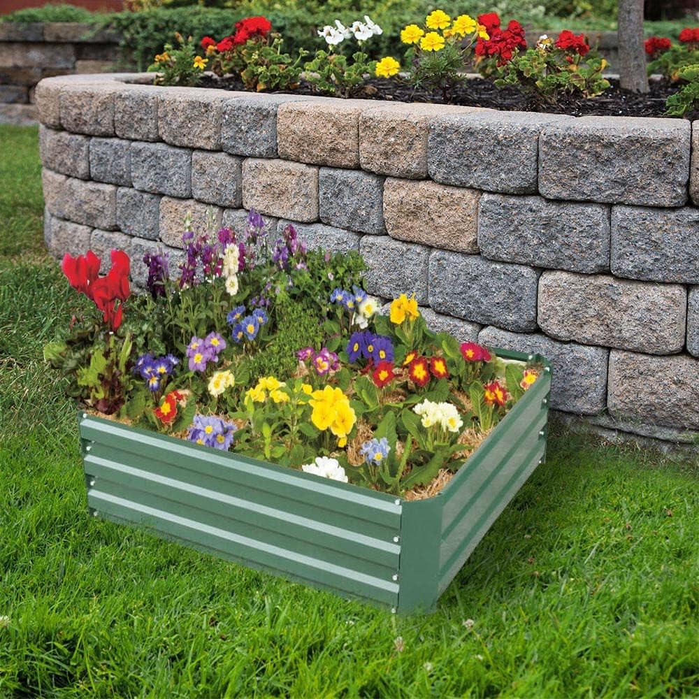 4x4x1ft Metal Raised Garden Bed Kit,Galvanized Garden Bed Box for Vegetables, Flowers, Herbs, and Succulents,120 Gallon Capacity - Green