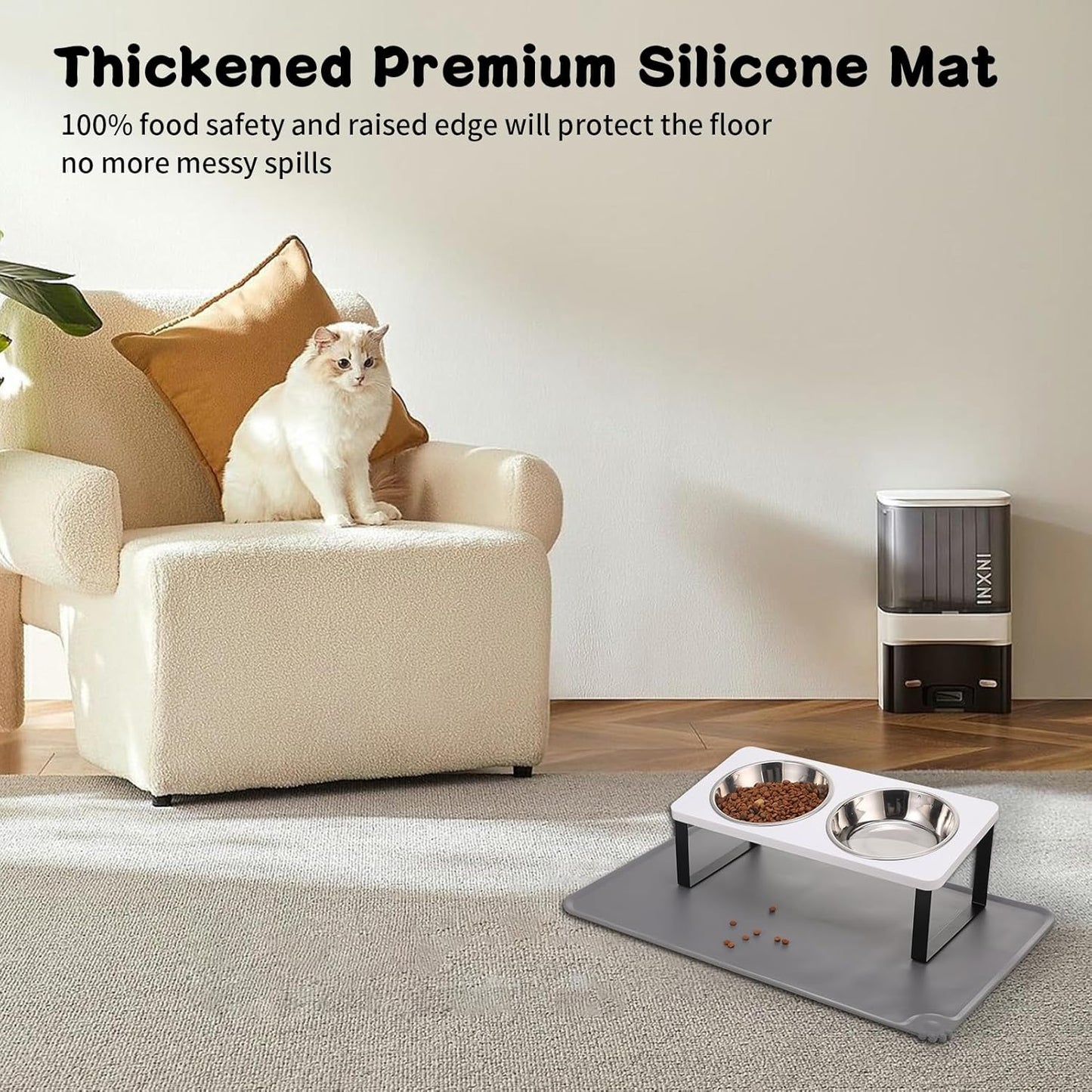 Upgraded Elevated Cat Bowls with Food Mat,15°Tilted Stand Anti Vomiting Raised Cat Dishes for Food and Water,2 Stainless Steel Bowls for Cats and Puppy(White)