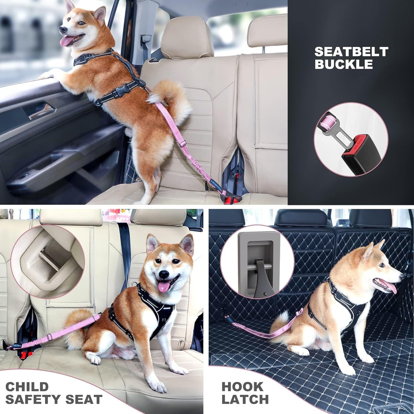 IOKHEIRA Dog Seat Belt 3-in-1 Car Harness for Dogs Adjustable Safety Seatbelt for Car Nylon Reflective Bungee Fabric Dog Car Harness with Clip Hook Latch & Buckle, Swivel Zinc Alloy Carabiner (Pink)