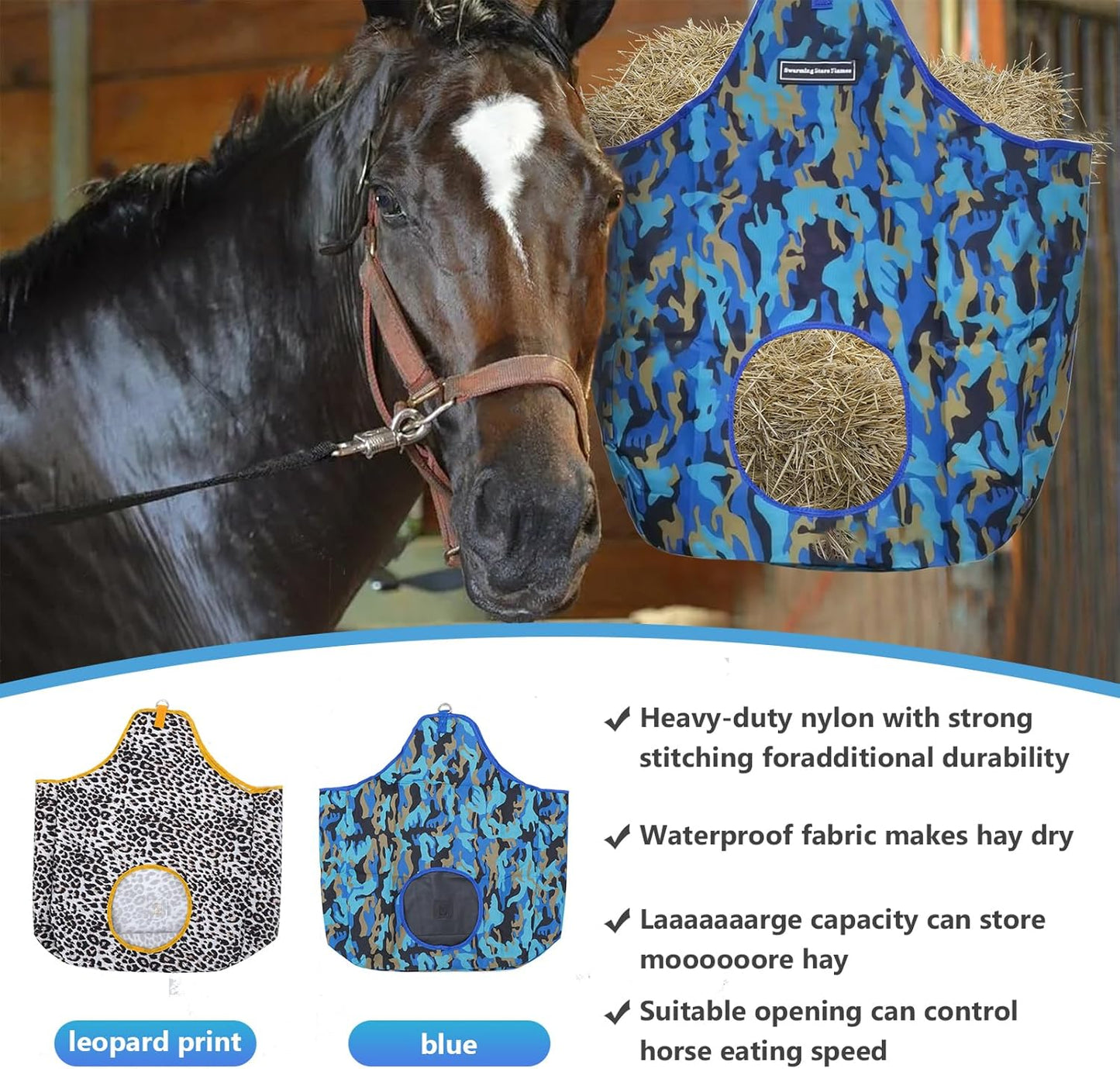 Horse Hay Bag Durable Oxford Fabric, Large Capacity Feeding Bag with Metal Snap Fastener, Slow Feeding Hay Sack, Ideal for Horse Cow Goats Donkey Perfect Hay Feeder with Open Feed Hole (Camouflage)