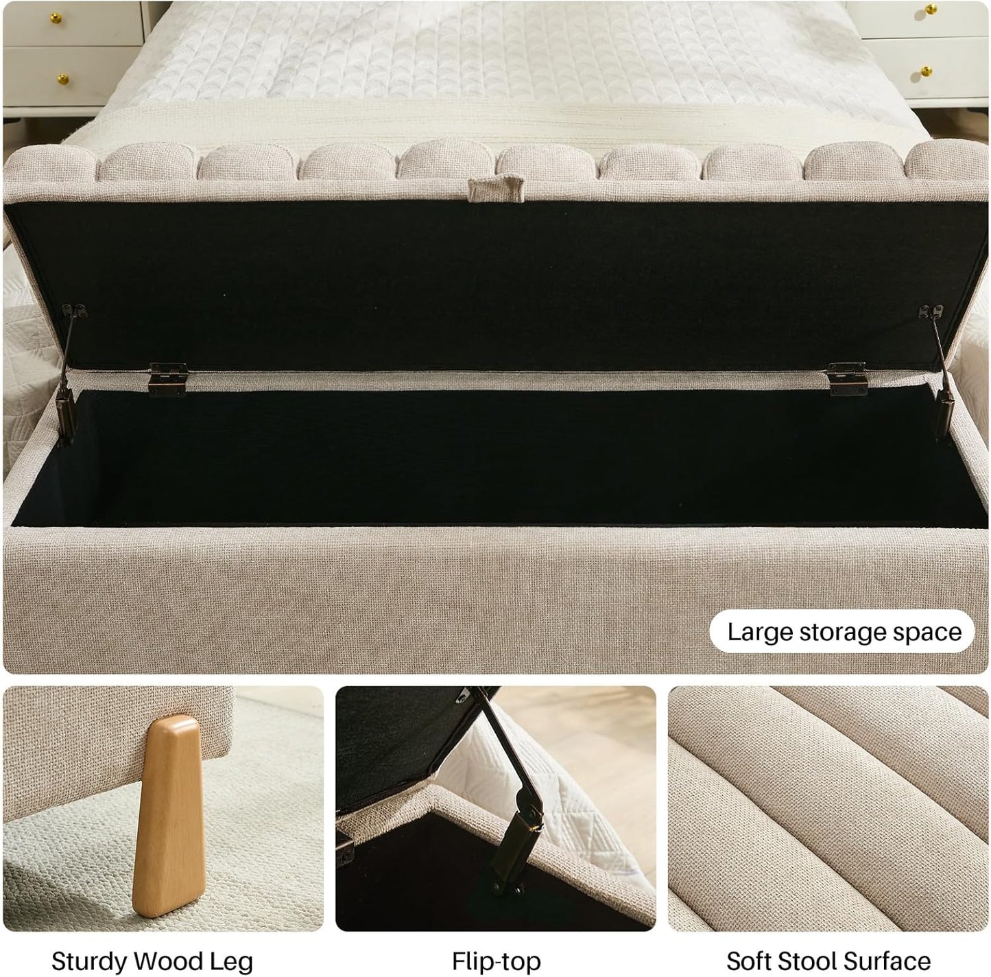 Storage Bench Ottoman 48.6 Inch with Safty Lift Top Lid, Tufted Solid Wood Tapered Legs Footstool for Bedroom, Living Room & Entryway Light Brown