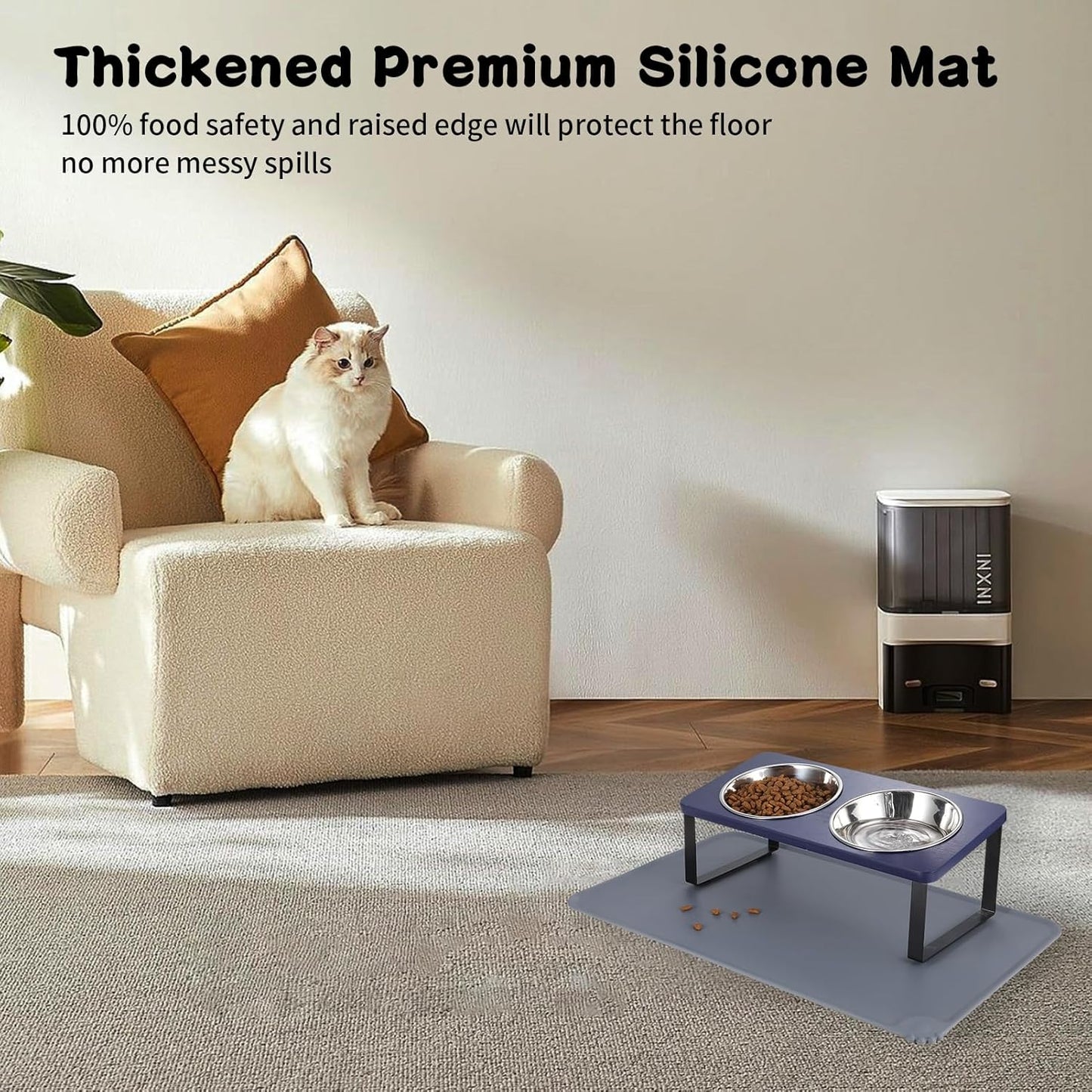 Upgraded Elevated Cat Bowls with Food Mat,15°Tilted Stand Anti Vomiting Raised Cat Dishes for Food and Water,2 Stainless Steel Bowls for Cats and Puppies(Navy Blue)