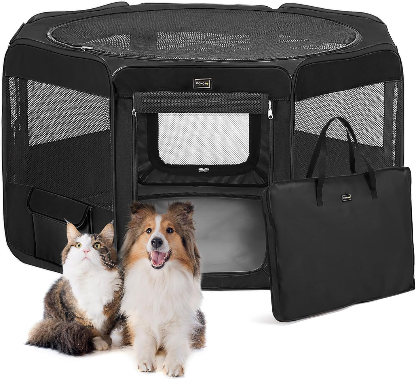 DONORO Dog Playpen Portable Pet Play Pens for Small Dog/Cat/Rabbit/Chicks, Cat Playpen Indoor/Outdoor with Carring Case, Removable Zipper Top and Bottom (Black, Extra Large (55"x55"x30"), 8)