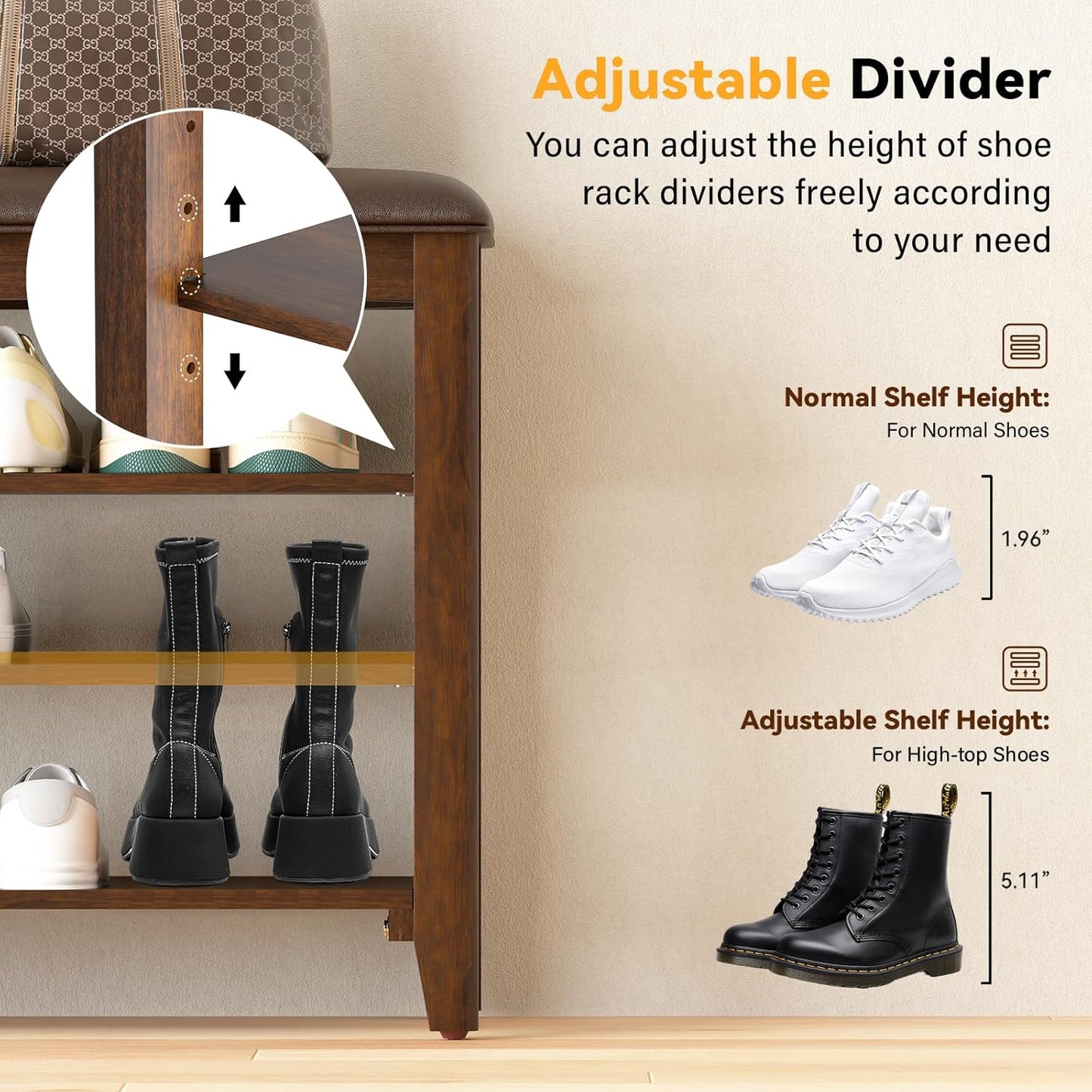 Shoe Bench Storage Rubberwood with Leather Cushion for Entryway Bench Ideal for Hallways Shoe Rack Front Doors Entrances Mudrooms Featuring 3 Height-Adjustable and Removable Shelves