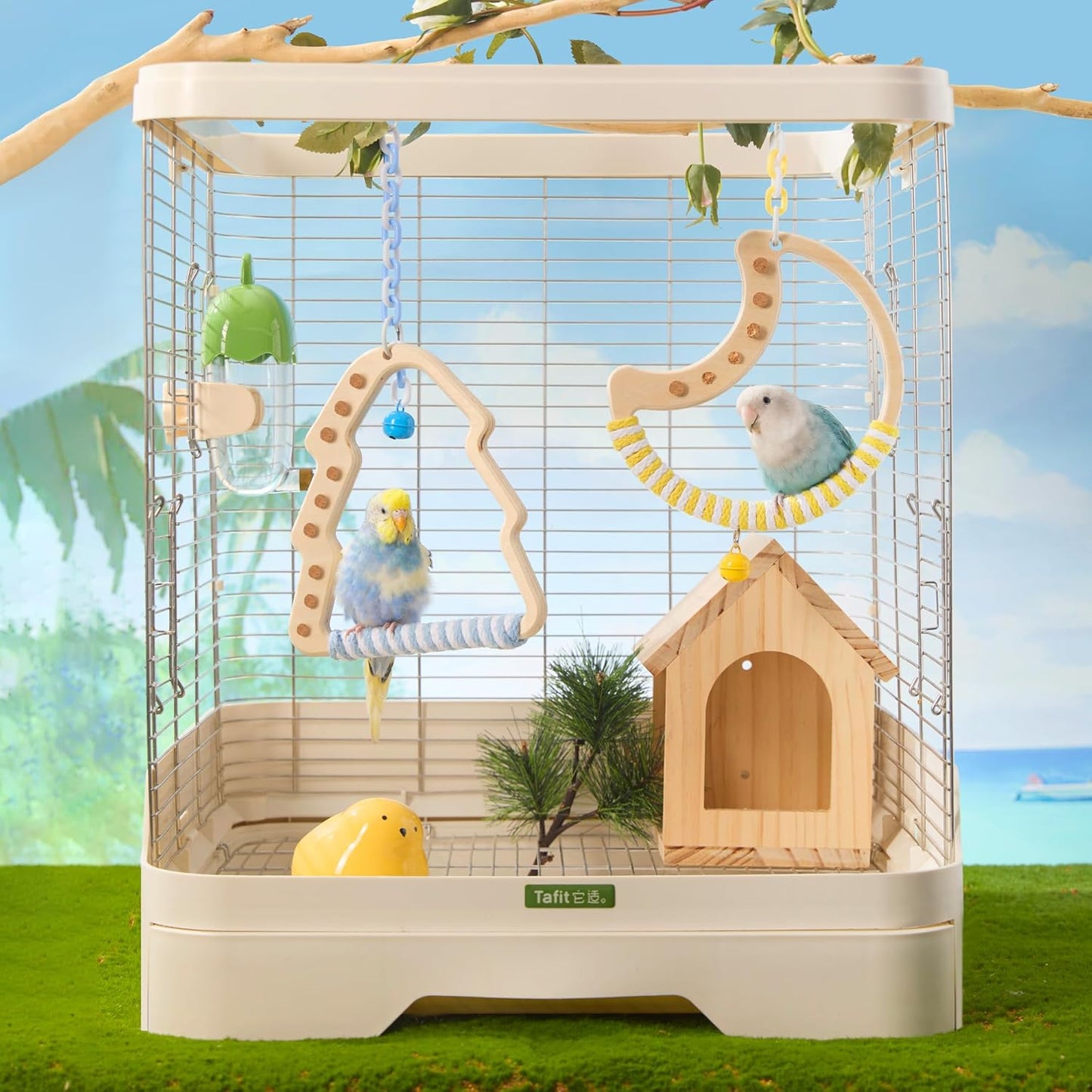 Natural Bird Swing - Moon-Shaped Parrot Perch with Bell and Cork Toys, Spinning Wooden Stand for Parakeets, Budgies, Lovebirds and Small/Medium Birds (White + Yellow)