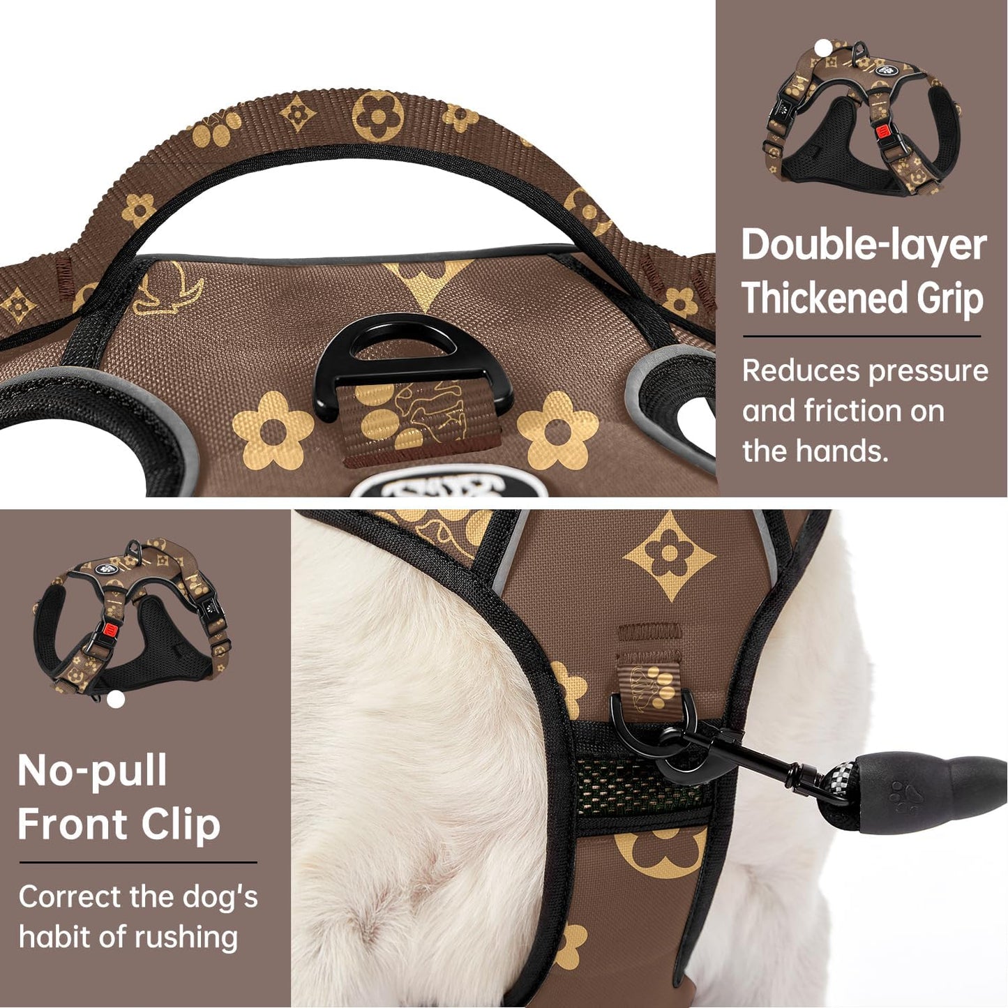 IVY&LANE No Pull Dog Harness with Leash Set, Reflective No Choke Pet Vest,Adjustable Oxford Dog Vest Harness with Easy Control Handle for Large Dogs (Dark Brown,L)