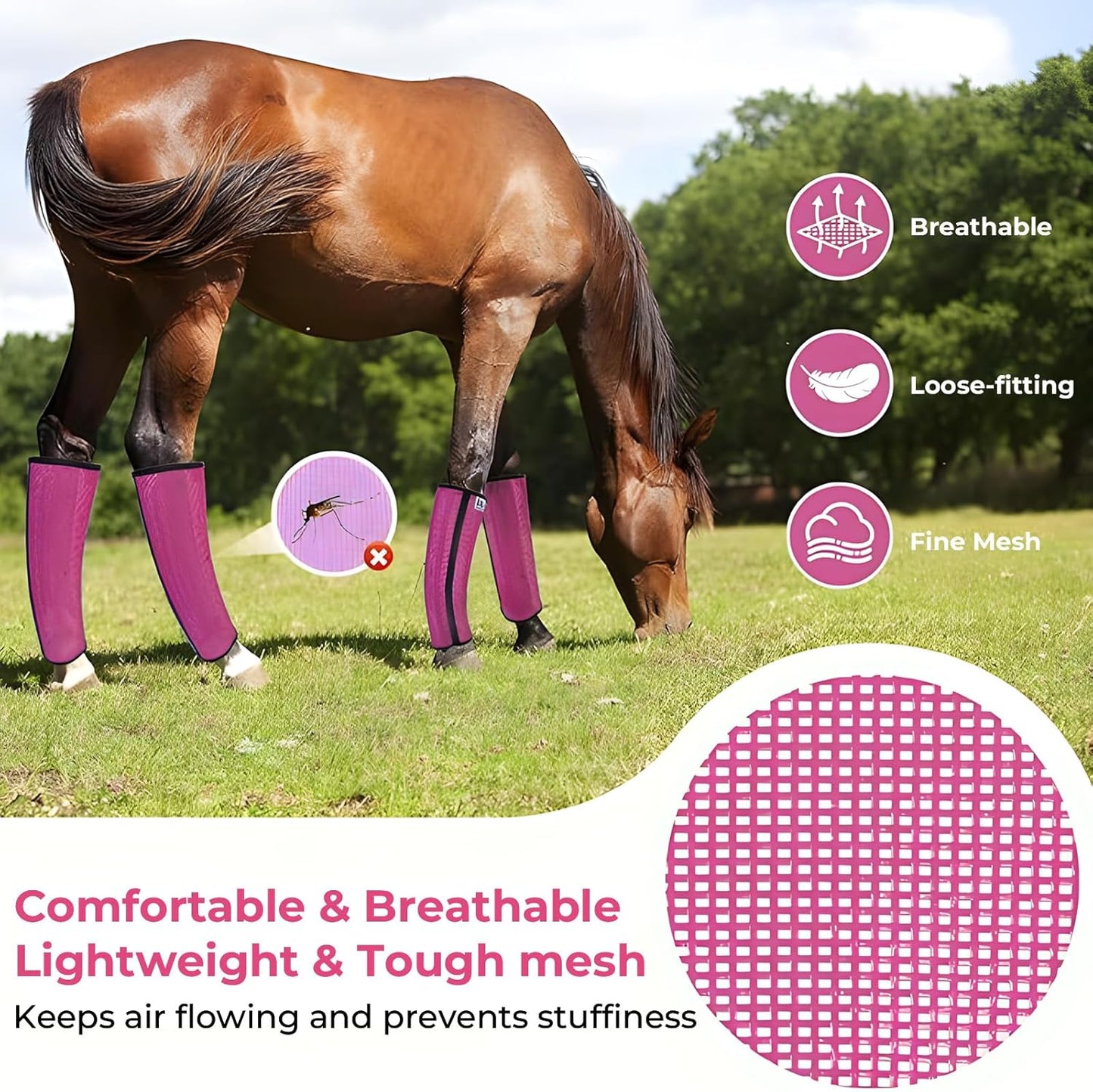 Mesh Horse Fly Boots Set of 4,Adjustable and Universal Loose Fitting & Non-Slip Horse Fly Leggings for Horses,Reduce Stressful Stomping (Pink)