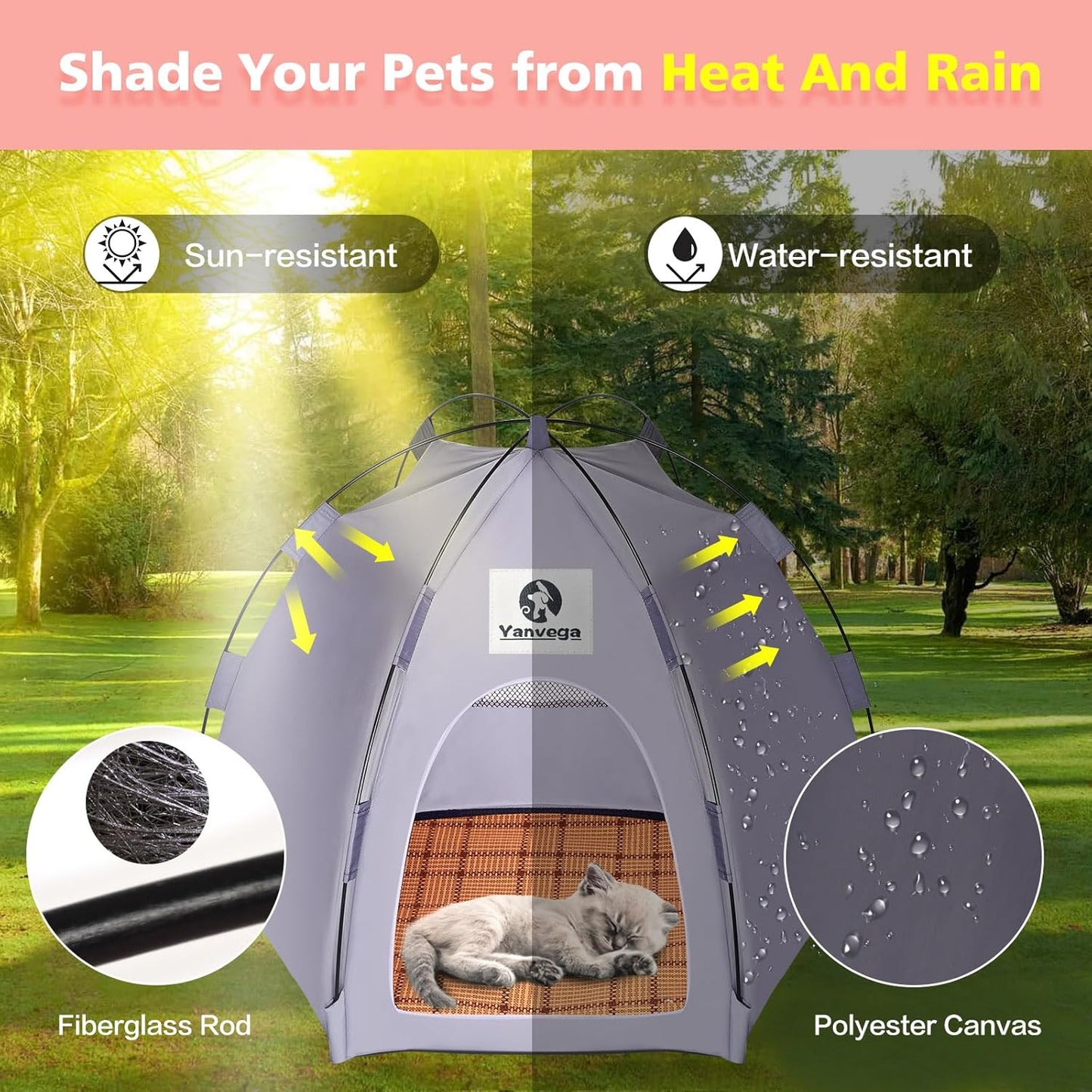 Yanvega Cat Tent Cat Beds for Indoor Cats Pet Supplies, 23.6" × 23.6" × 16.8" Cat Pop Up Tent Collapsible Cat House Cat Cave Outdoor, No Assemble Required High Elastic Frame with Ground Nail (Gray)