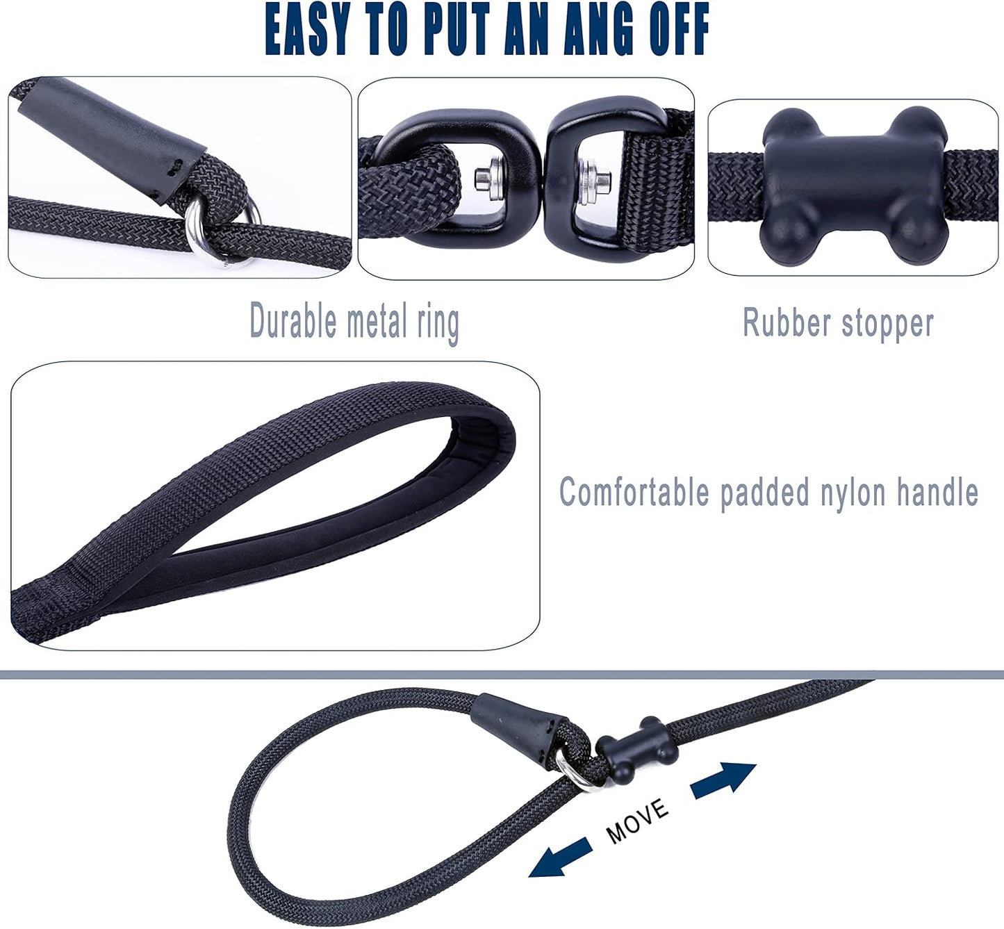 Slip Lead Dog Leash,Strong Nylon Rope Leash and Padded Handle,No Pull Outdoor Walking Training Lead for Small Medium Large Dogs(Black, 1/2"×4ft)