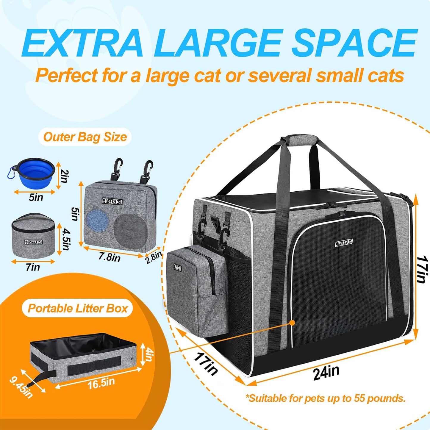 Petskd Extra Large Cat Carrier with Litter Box 24"x17"x17" for Medium Large Cat or 2 Small Cats, Collapsible Soft Sided Pet Carrier for Car Travel with Lockable Safety Zippers(Grey)