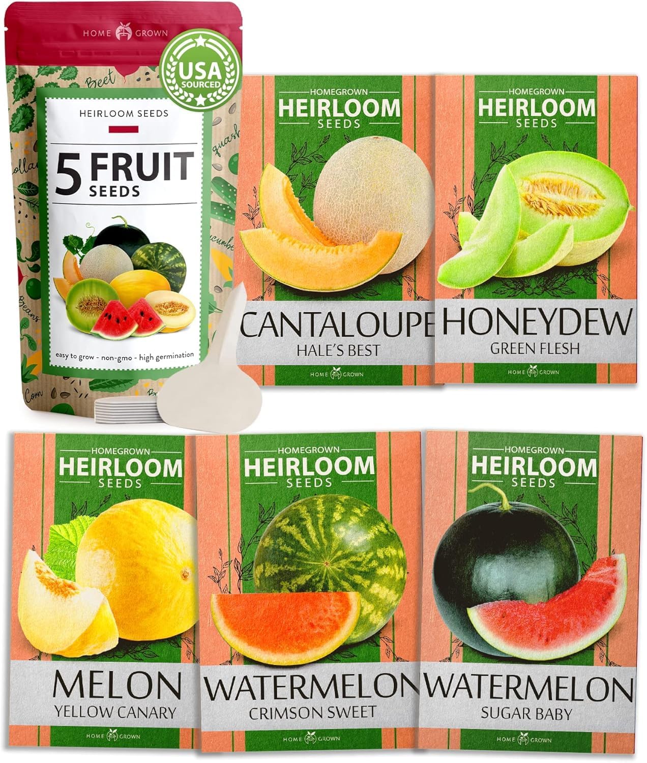 HOME GROWN π¨π¦π π£π₯ππ ππ¨π  Melon Seeds Variety Pack 5 π‘π’π‘-ππ π’ Heirloom Vegetable Seeds, Watermelon Cantaloupe Honeydew Sugar Baby & Melon, High Germination for Planting Home Garden Indoors