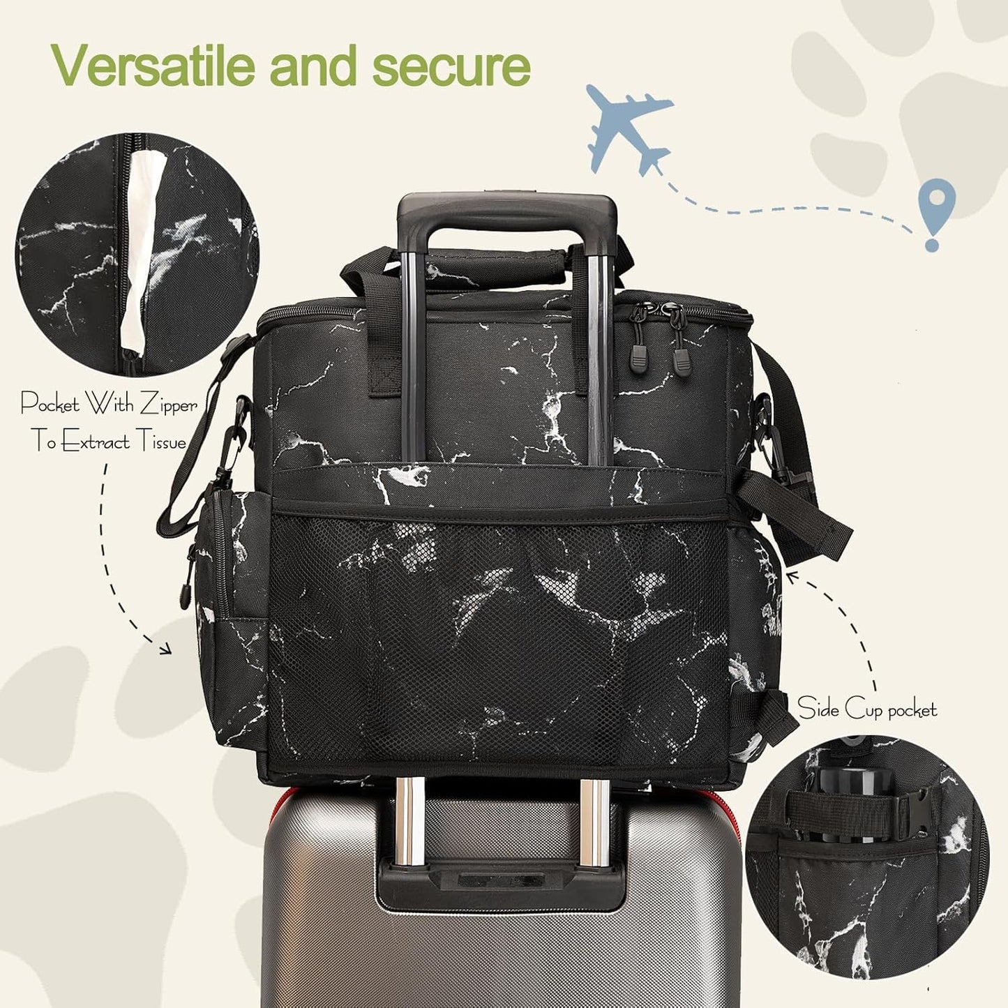 Dog Travel Bag,Weekend Pet Travel bag Set for Dog and Cat,Airline Approved Tote Multi-Function Dog Bags for Traveling,Include 2 Collapsible Bowls,2 Food Storage Containers,1 Feeding Mat,Marble