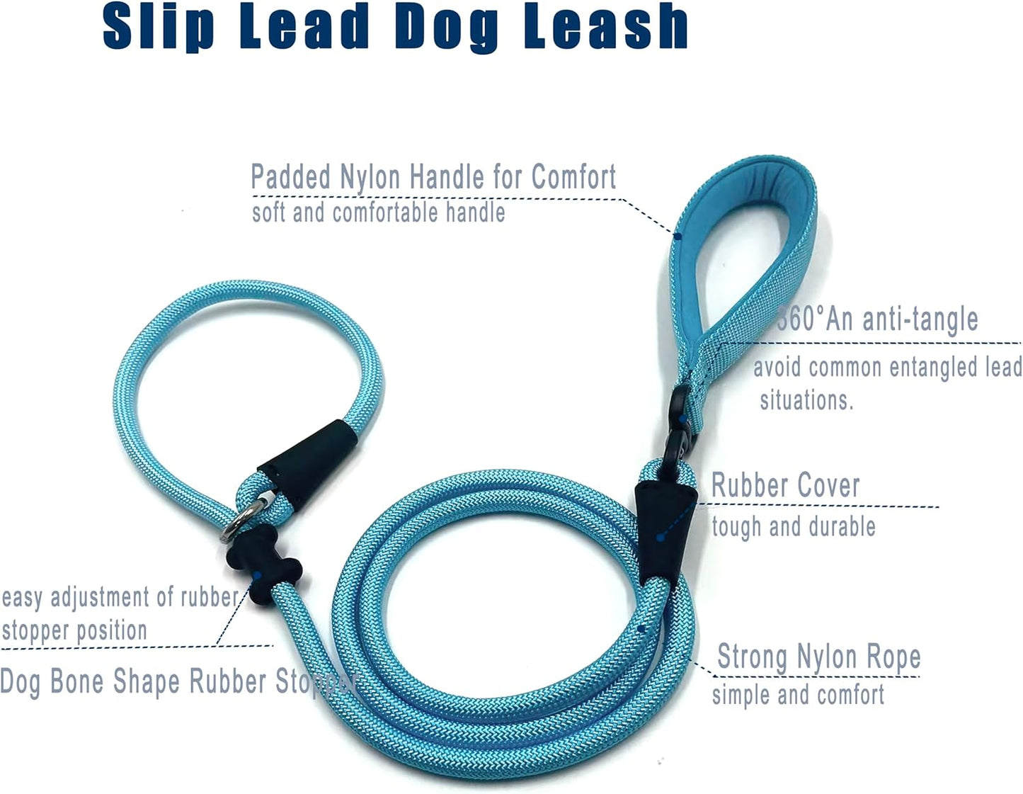 Slip Lead Dog Leash,Strong Nylon Rope Leash and Padded Handle,No Pull Outdoor Walking Training Lead for Small Medium Large Dogs(Light Bule, 1/2"×6ft)
