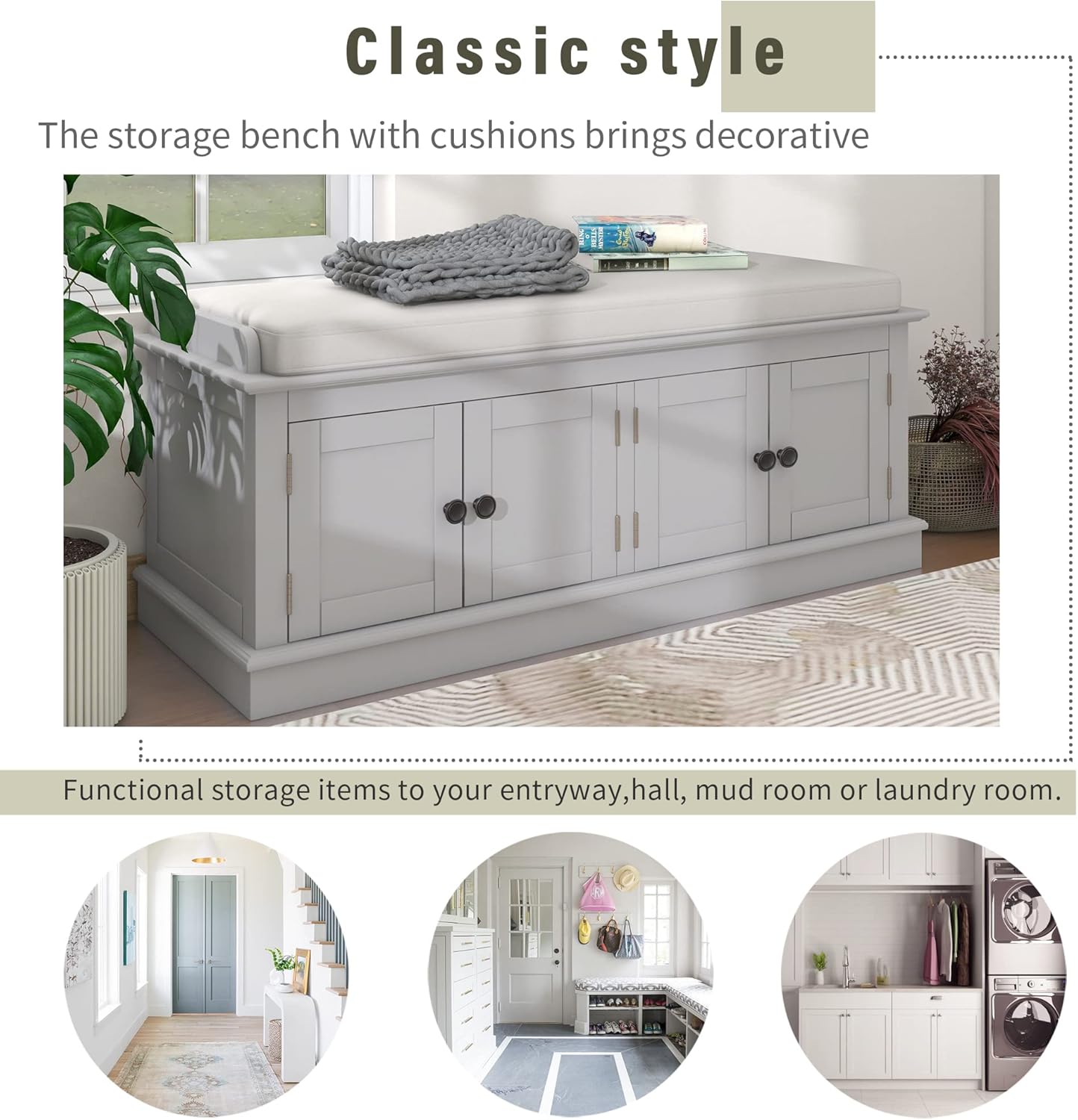 Storage Bench with 4 Doors and Adjustable Shelves, Shoe Bench with Removable Cushion for Living Room, Entryway 42.7" L x 16" W x 17.4" H (Gray Wash)