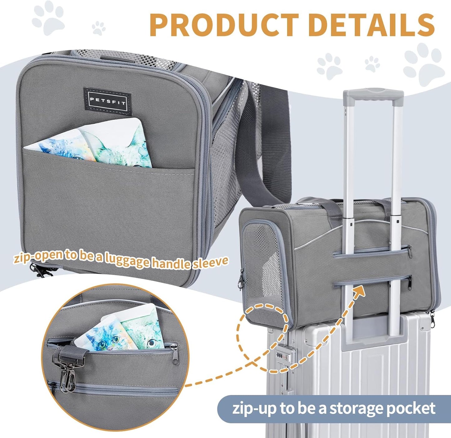 Petsfit Airline Approved Pet Carrier for Small Dogs & Cats, 19x9x12 TSA Approved Carrier, with Removable Dual-Sided Padding (2-Way Placement) - Fits Under Most Airplane Seats, Escape Proof (Gray)
