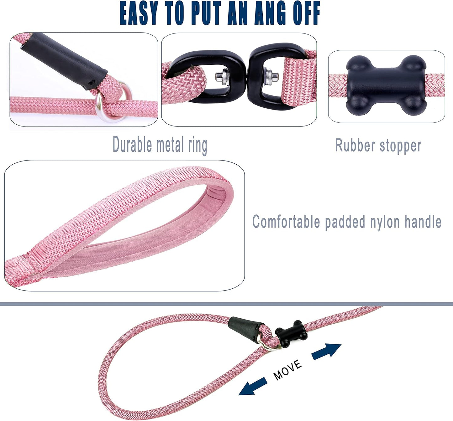 Slip Lead Dog Leash,Strong Nylon Rope Leash and Padded Handle,No Pull Outdoor Walking Training Lead for Small Medium Large Dogs(Pink, 1/2"×6ft)